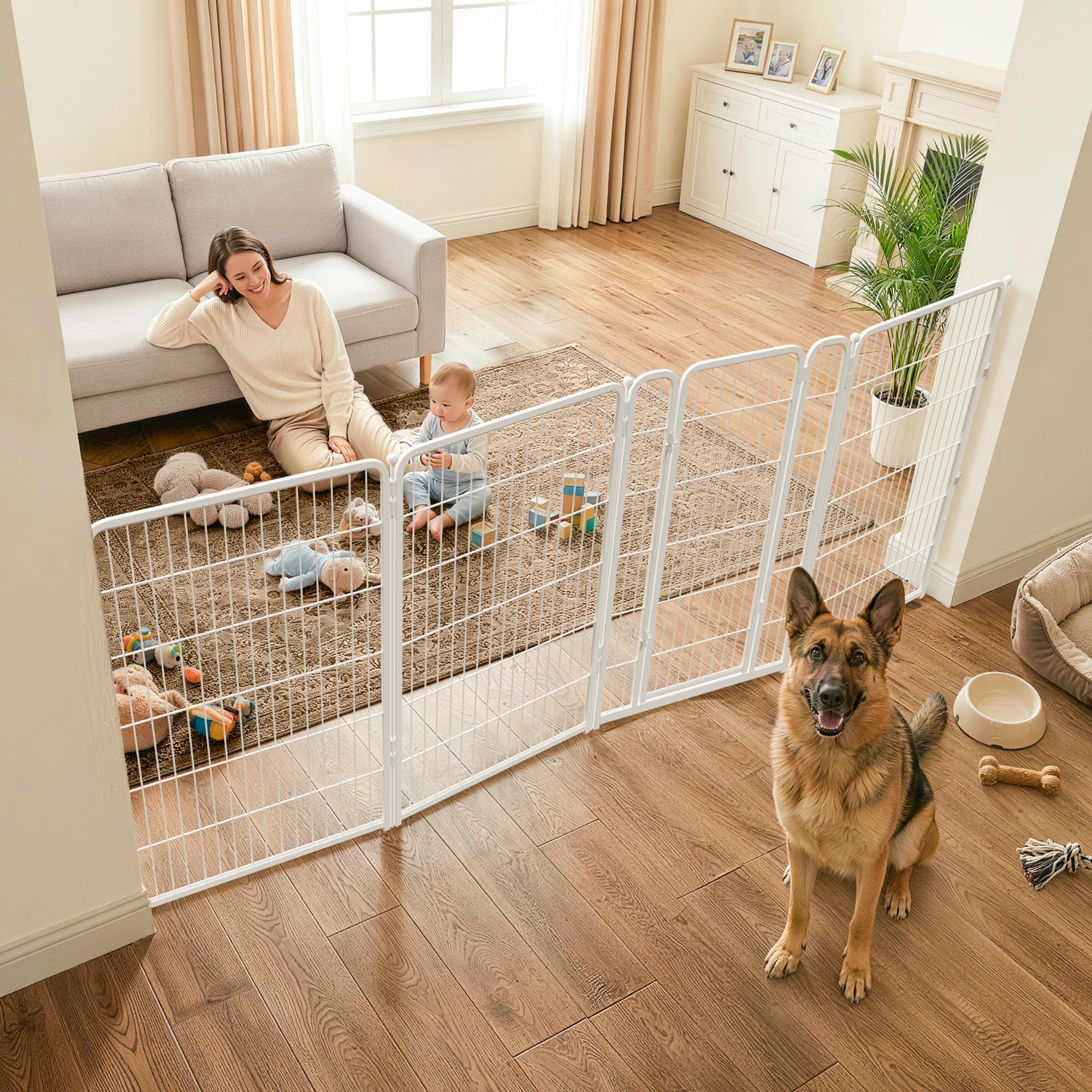 FXW Dog Gate Extra Wide Designed for Indoor Use, Adjustable Width Up to 111-inch Wide (45 H 4 Wire Panels for Large Dogs), White