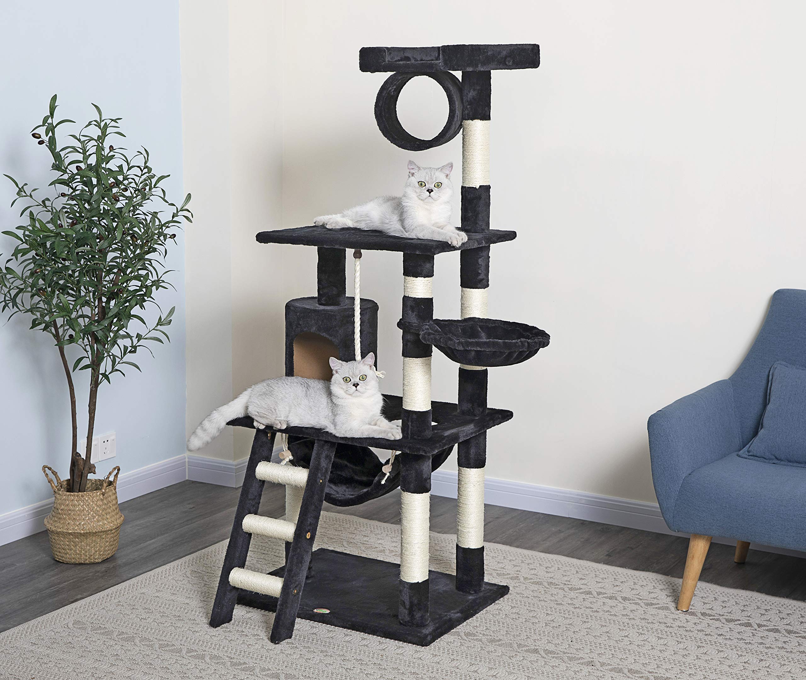 Go Pet Club - 62 Tall Cat Tree - Cat Tower with Scratching Post - Cat Tower for Indoor Cats - Multi-Level Condo, Hammock, Basket