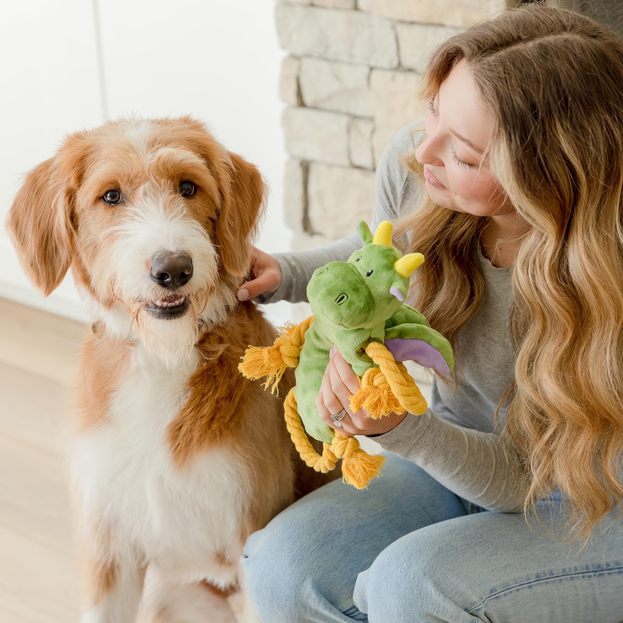 Everyday Joy Squeaky Dog Stuffed Animals Chew Toy, Crinkle Paper Tug Of War Rope Plush Dog Toy, Soft Tough Squeaker Dog Entertai