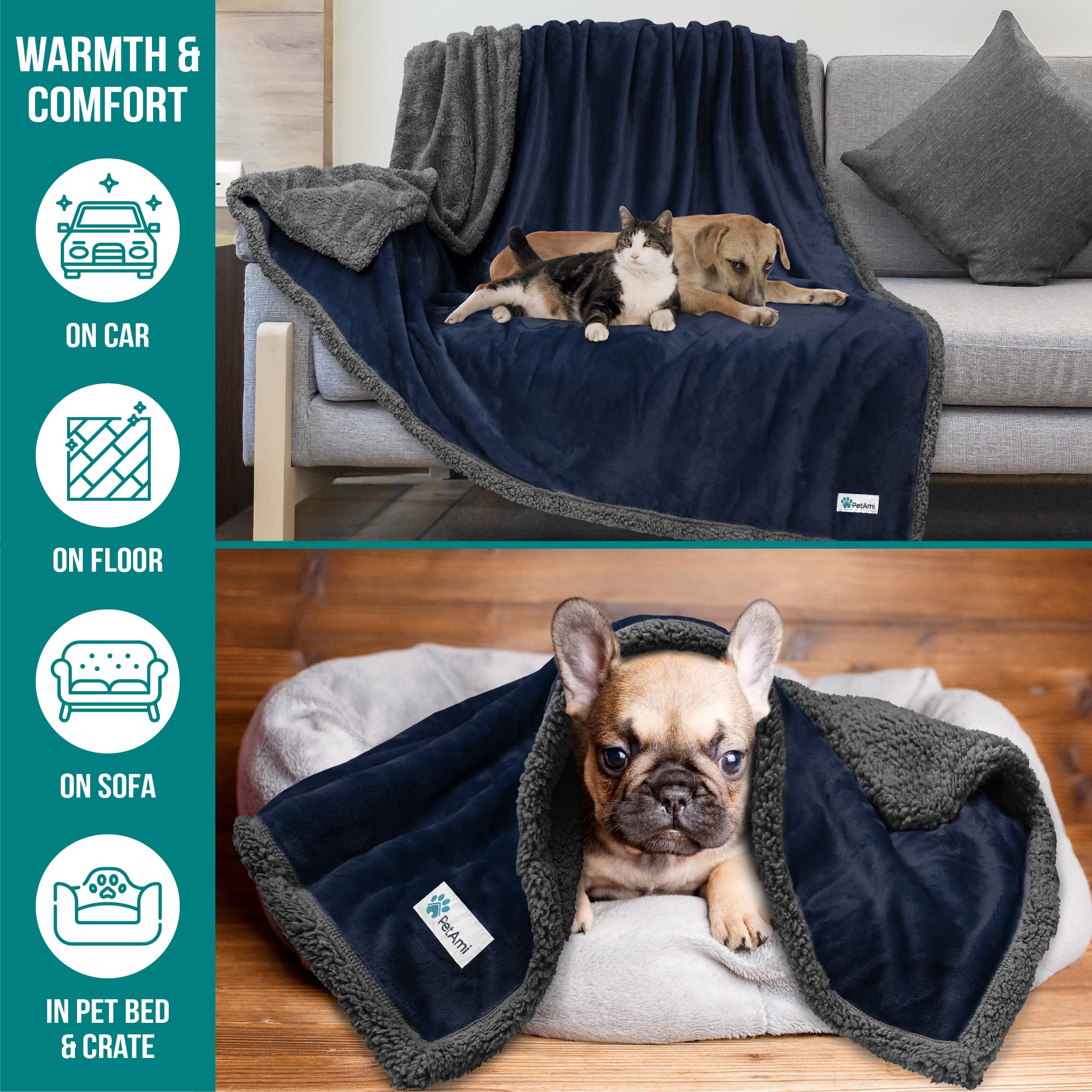 Petami Dog Blanket For Small Medium Dogs, Pet Bed Blanket Cat Puppy Kitten, Fleece Furniture Couch Cover Protector Sofa Car, Soft Sherpa Dog Throw Plush Reversible Washable, Mini 29X40 Blue Gray