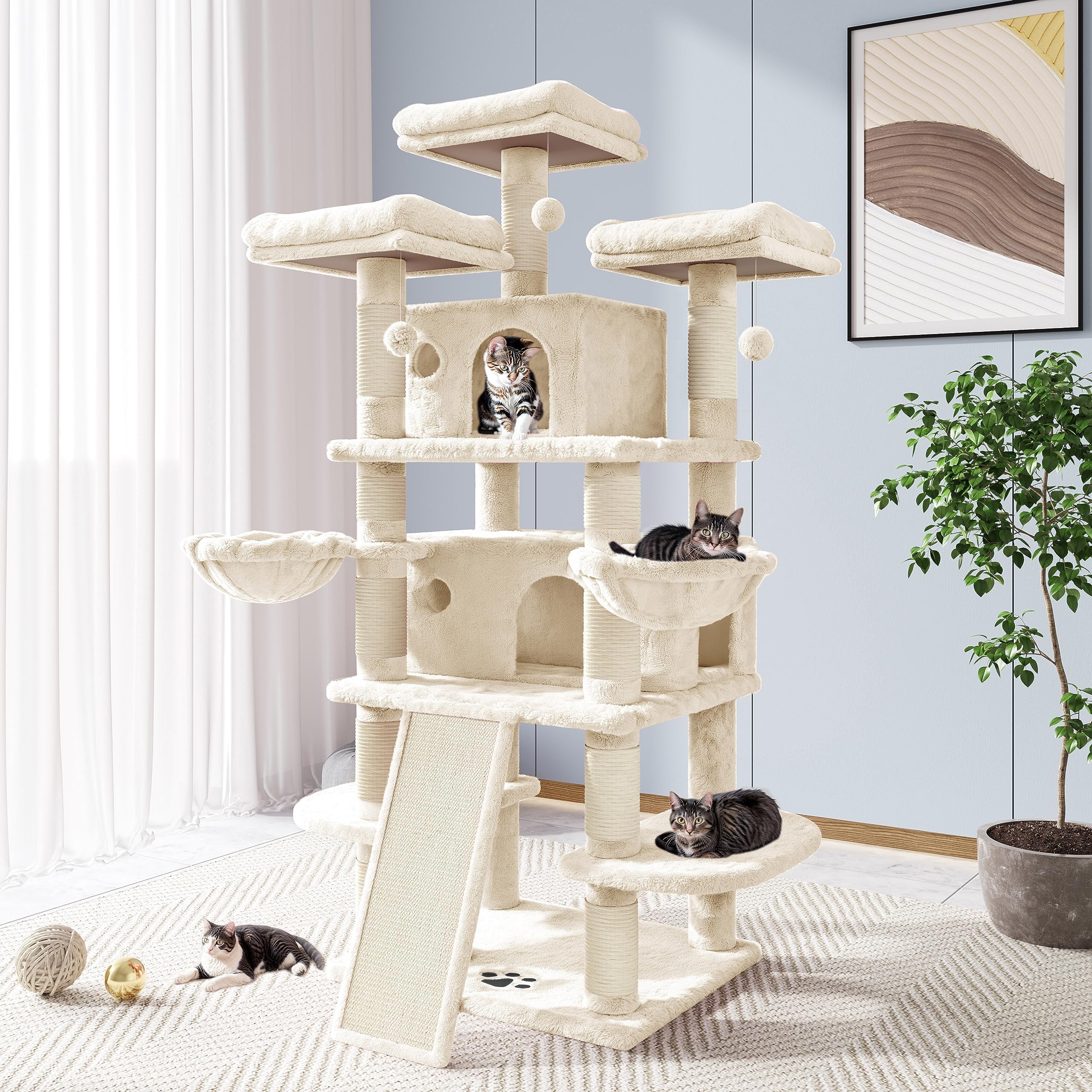 Allewie 68 Inches Cat Tree/House And Towers For Big Feline/Scratching Post/Multi-Level Large Kitty Climbing Tree With Condo/Beig
