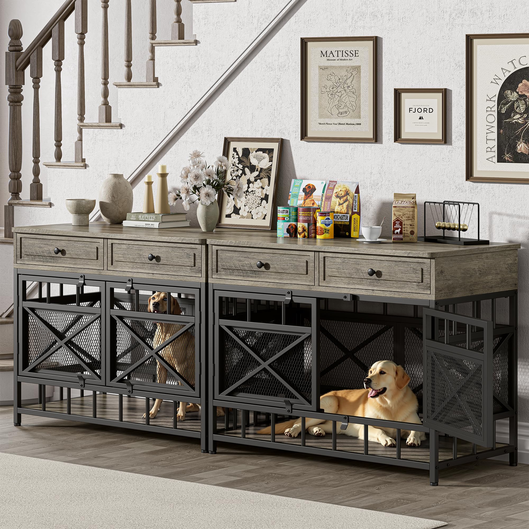 IRONCK 44 inch Large Dog Crate Furniture, Wooden Dog Kennel with Storage Drawers for Medium/Large Dogs, Decorative Dogs Kennel I