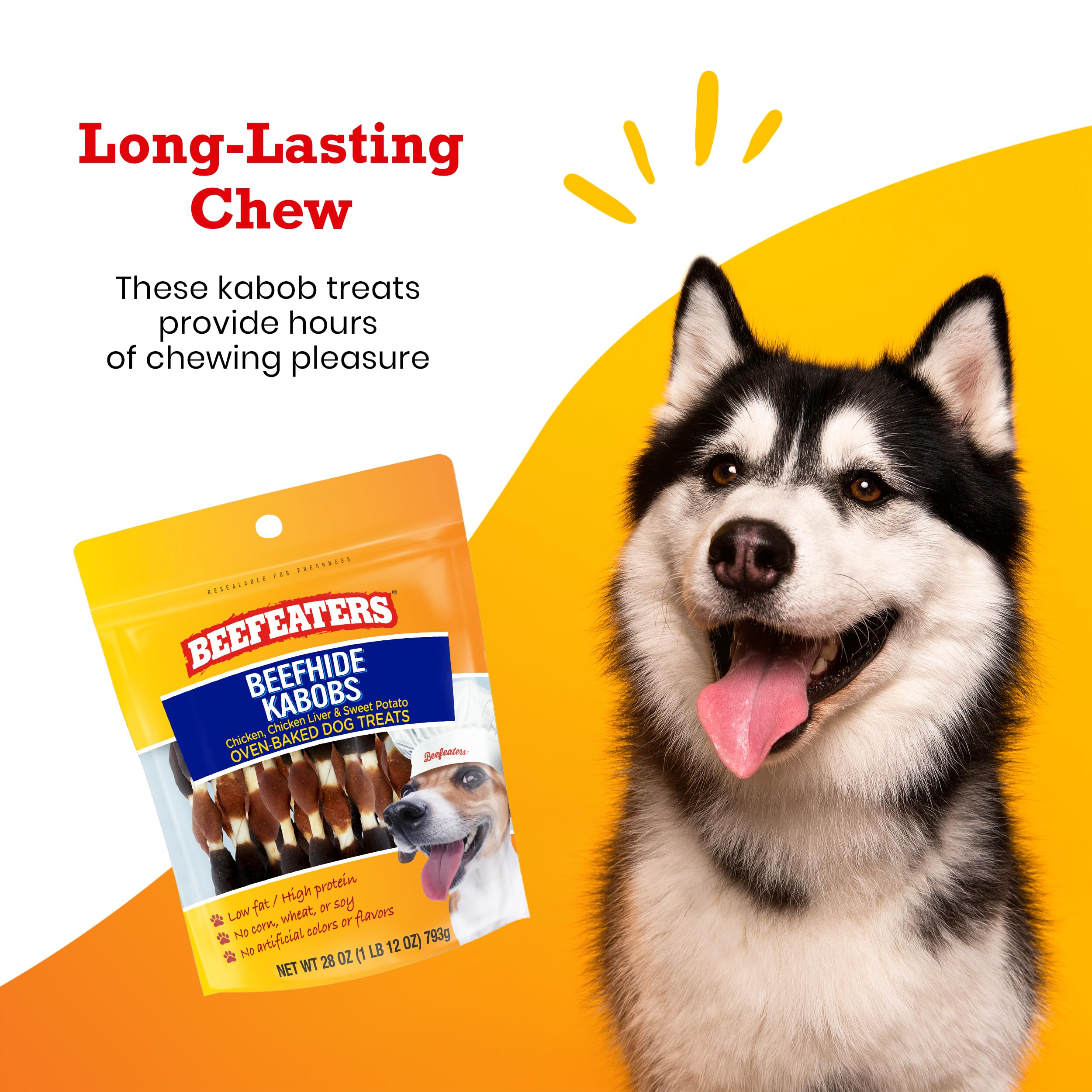 Beefeaters Beefhide Kabobs 28oz - Dog Treat. Triple Flavor with Real Chicken, Liver & Sweet Potato, Long-Lasting Chew, Supports