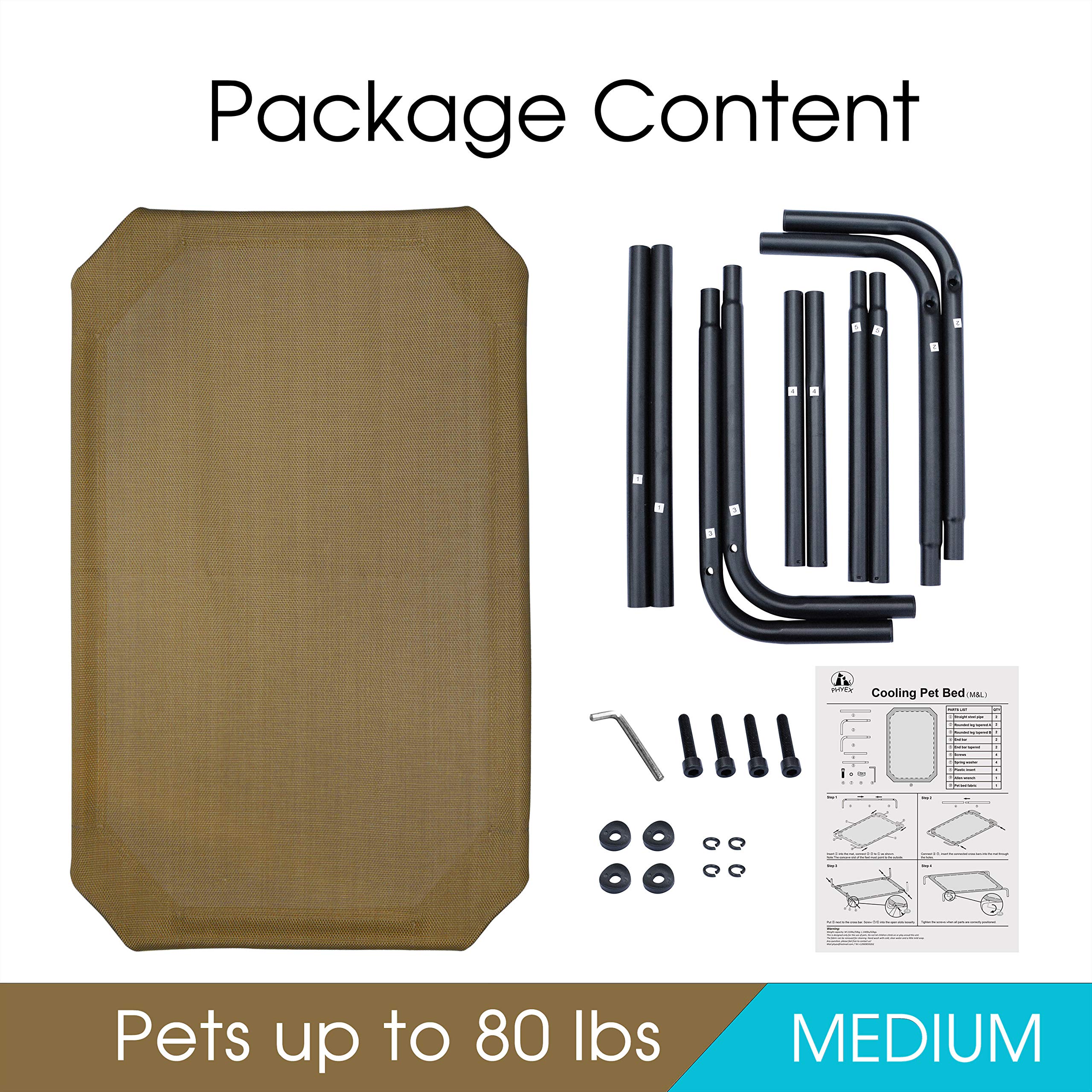 Phyex Heavy Duty Steel-Framed Portable Elevated Pet Bed, Elevated Cooling Pet Cot, 43.5' L X 25.5' W X 7.8' H(M, Brown)