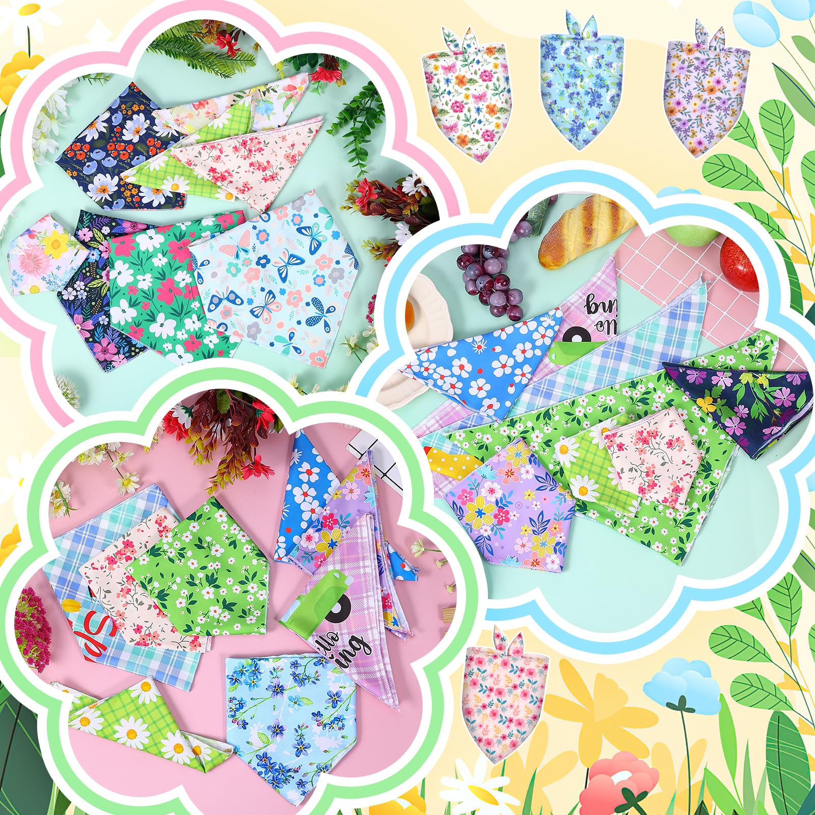 60 Pcs Spring Summer Dog Bandanas Bulk Adjustable Floral Puppy Scarves Pet Bandana Washable Flower Puppy Grooming Bandana For Mo