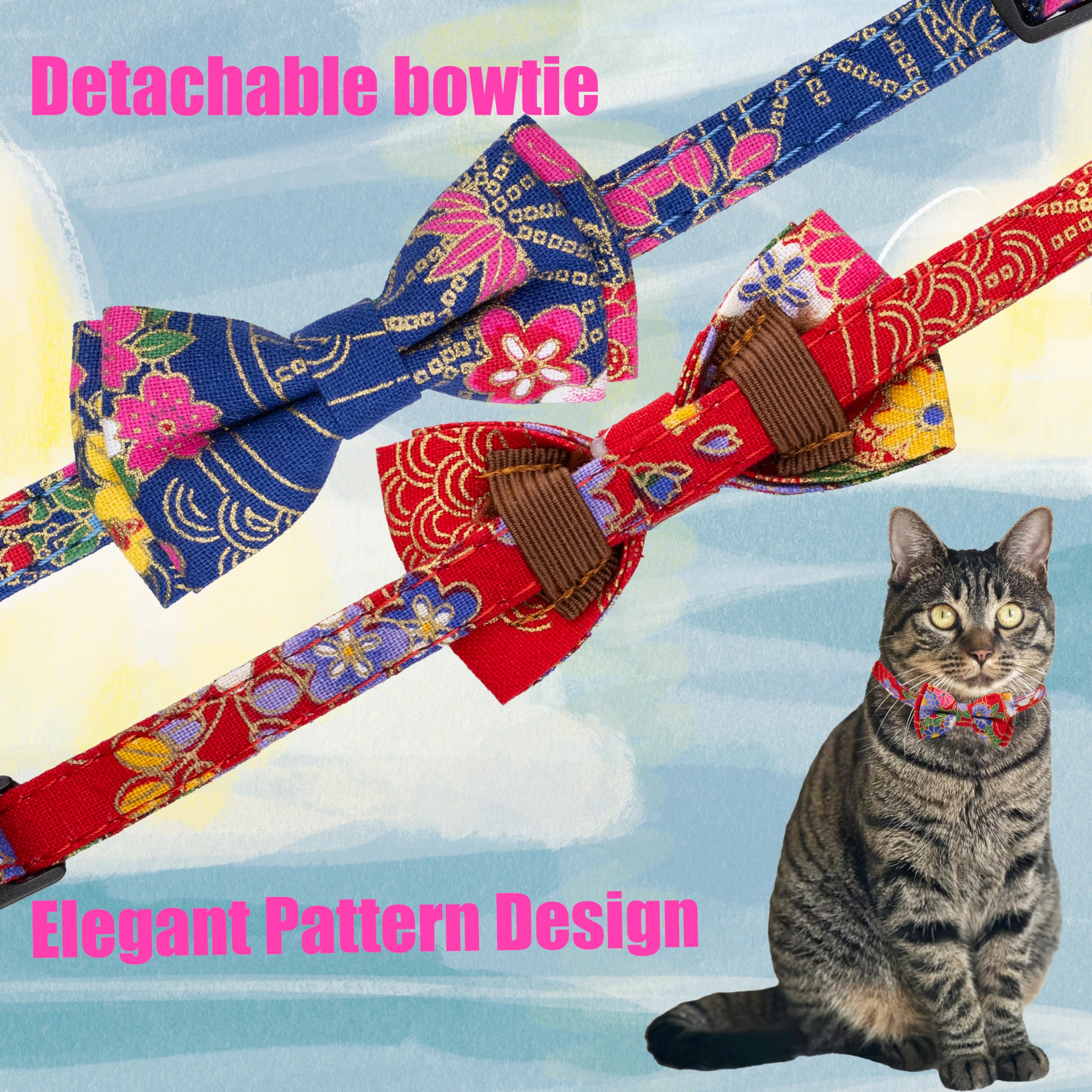 Gyapet Collar For Cat Pet Breakaway With Bell Bowtie Detachable Bow Adjustable Safety Kitten Puppy Girl Boy 2Pcs Navy Blue & Red