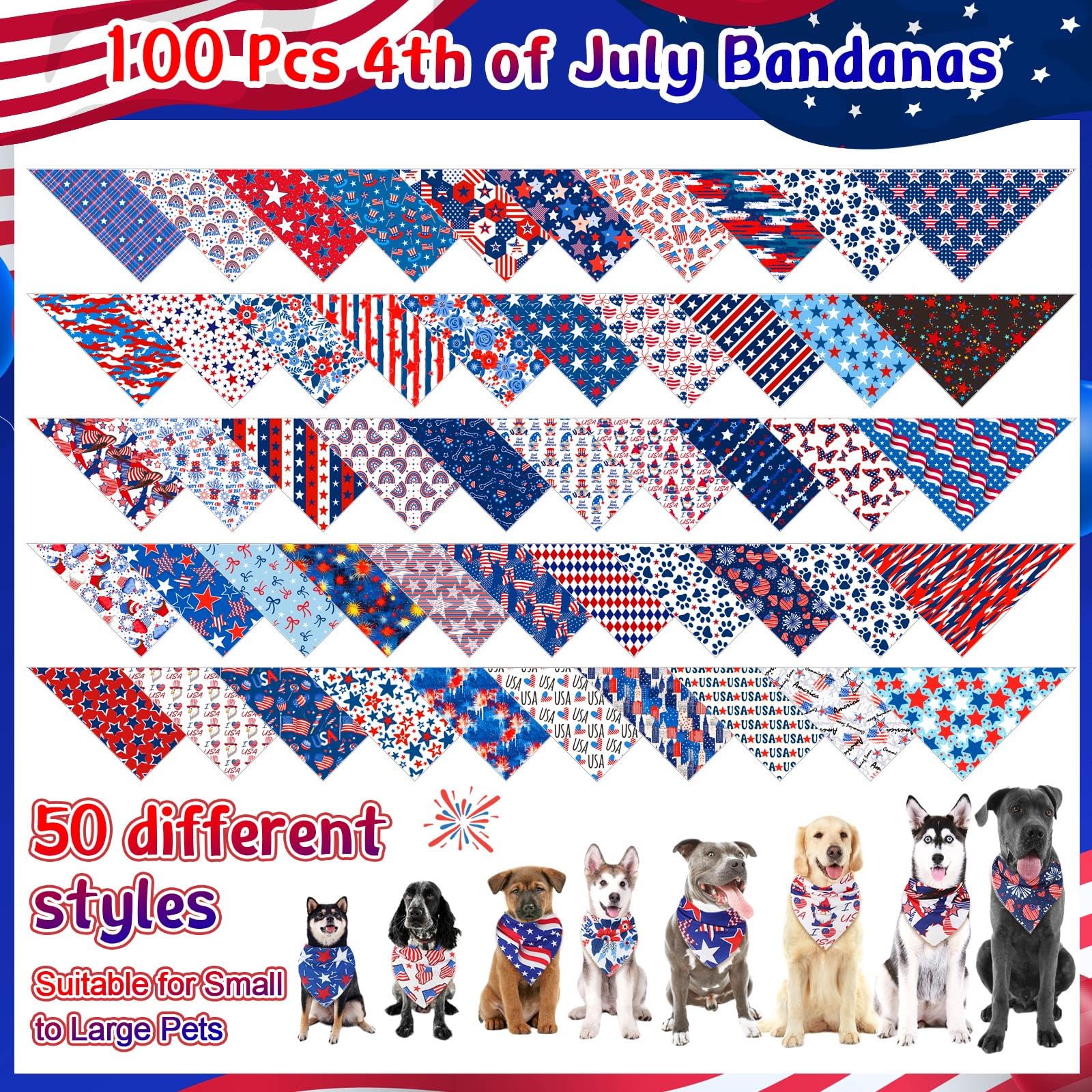Paterr 100 Pieces Patriotic Dog Bandanas Bulk 4Th Of July Independence Day Pet Handkerchief Soft Dog Triangle Bibs Cute Kerchief
