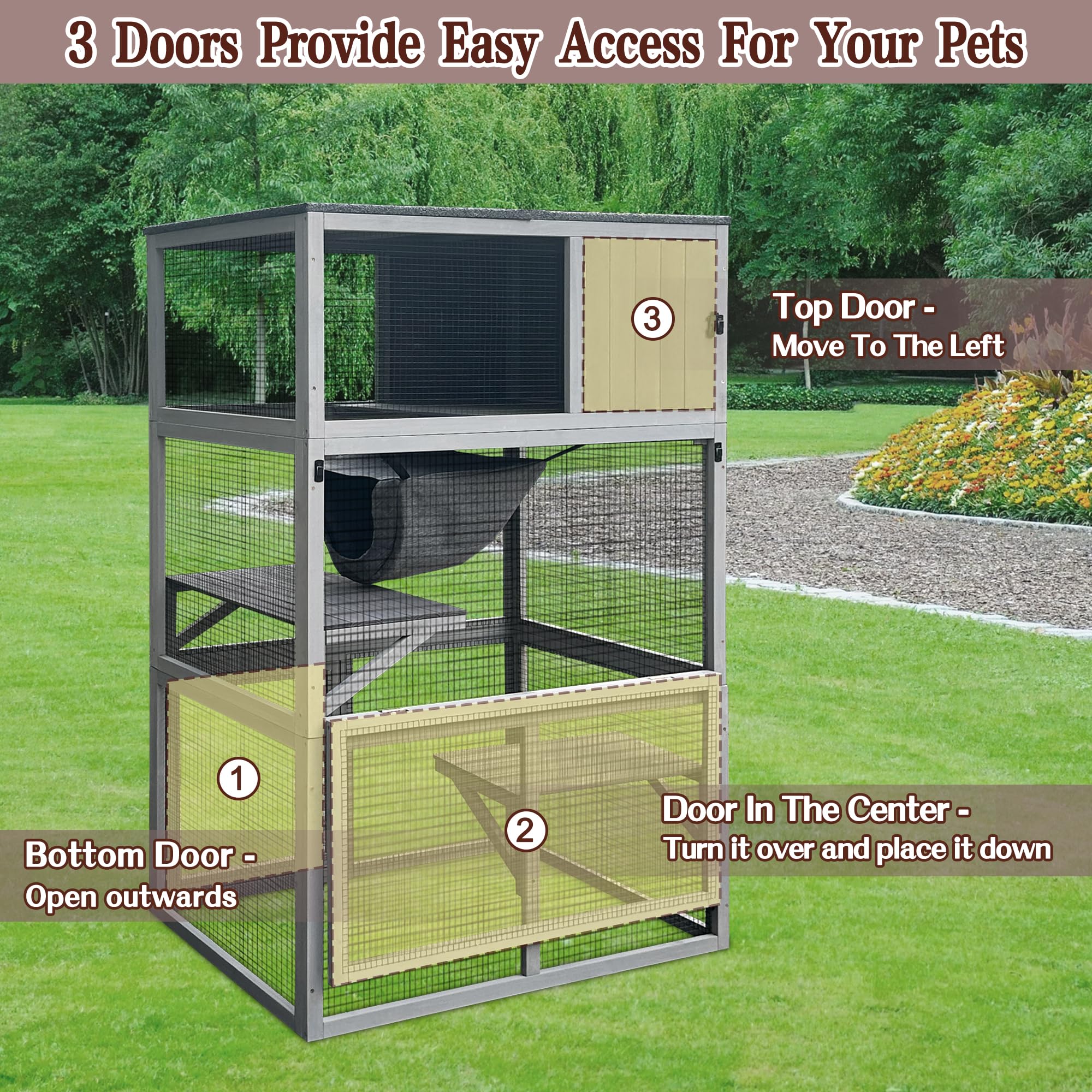 Wooden Cat House Outdoor Cat Enclosure With 3 Floors And Weatherproof Roof Indoor Large Cat Catio For Cats With Hammock & Resting Box