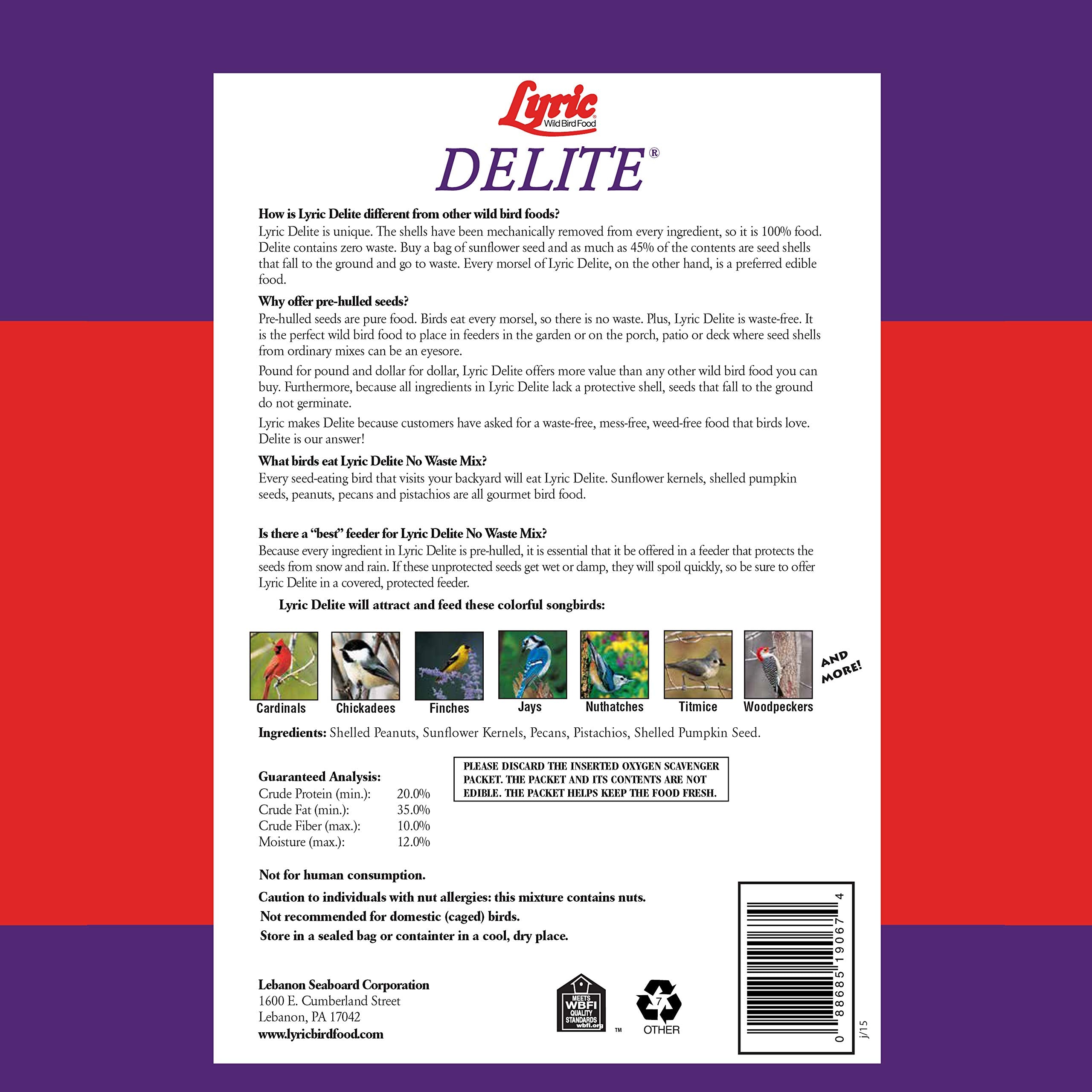 Lyric Delite Wild Bird Seed - No Waste Bird Food Mix with Shell-Free Nuts & Seeds - Attracts Buntings, Chickadees & Finches - 20