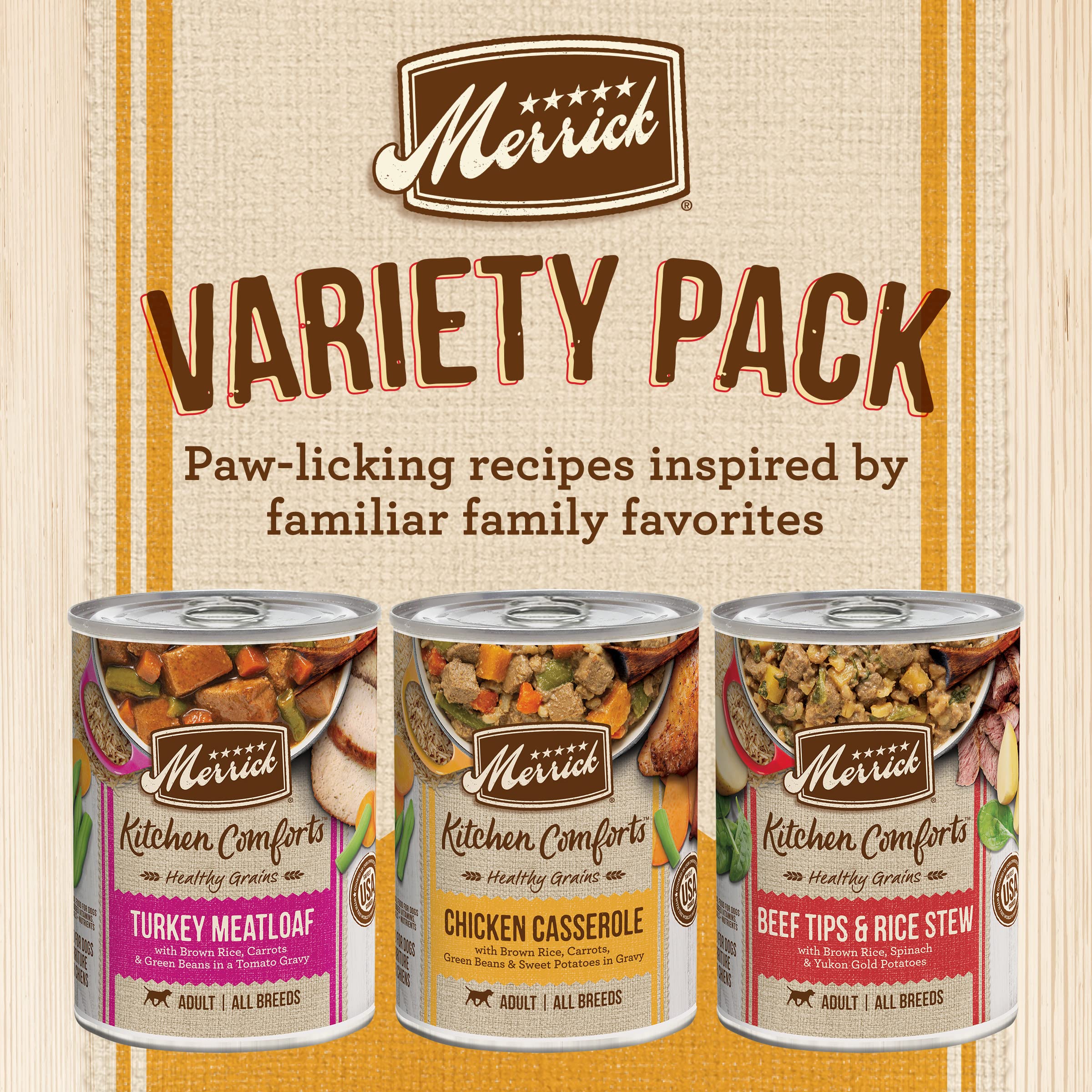 Merrick Kitchen Comforts Wet Dog Food Gravy, Variety Pack Real Meat and Brown Rice Dog Food with Grains - (Pack of 1) 9.5 lb. Ca