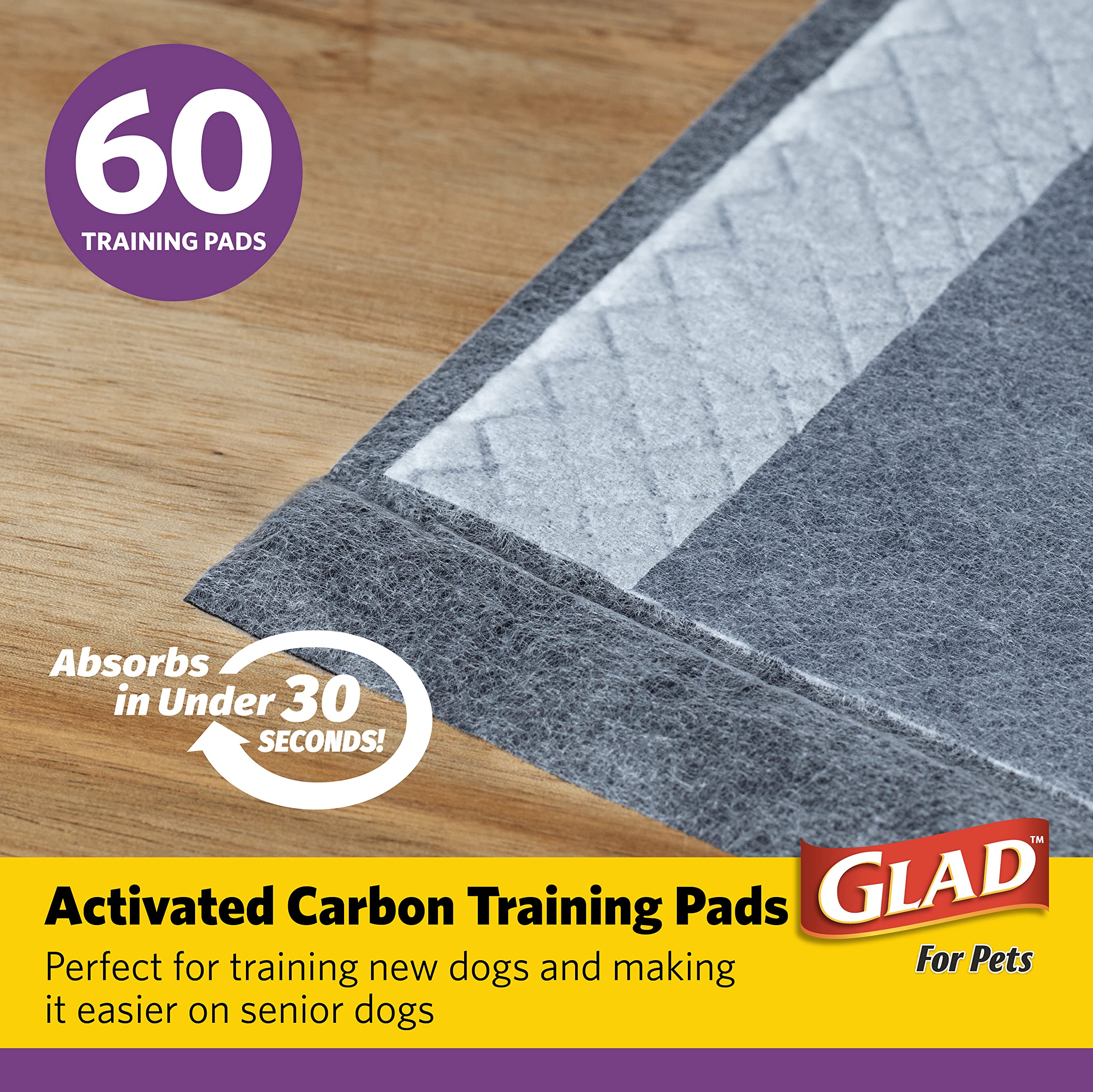 Glad For Pets Jumbo-Size Charcoal Puppy Pads | Black Training Pads That Absorb & Neutralize Urine Instantly | New & Improved Quality Puppy Pee Pads, 60 Count