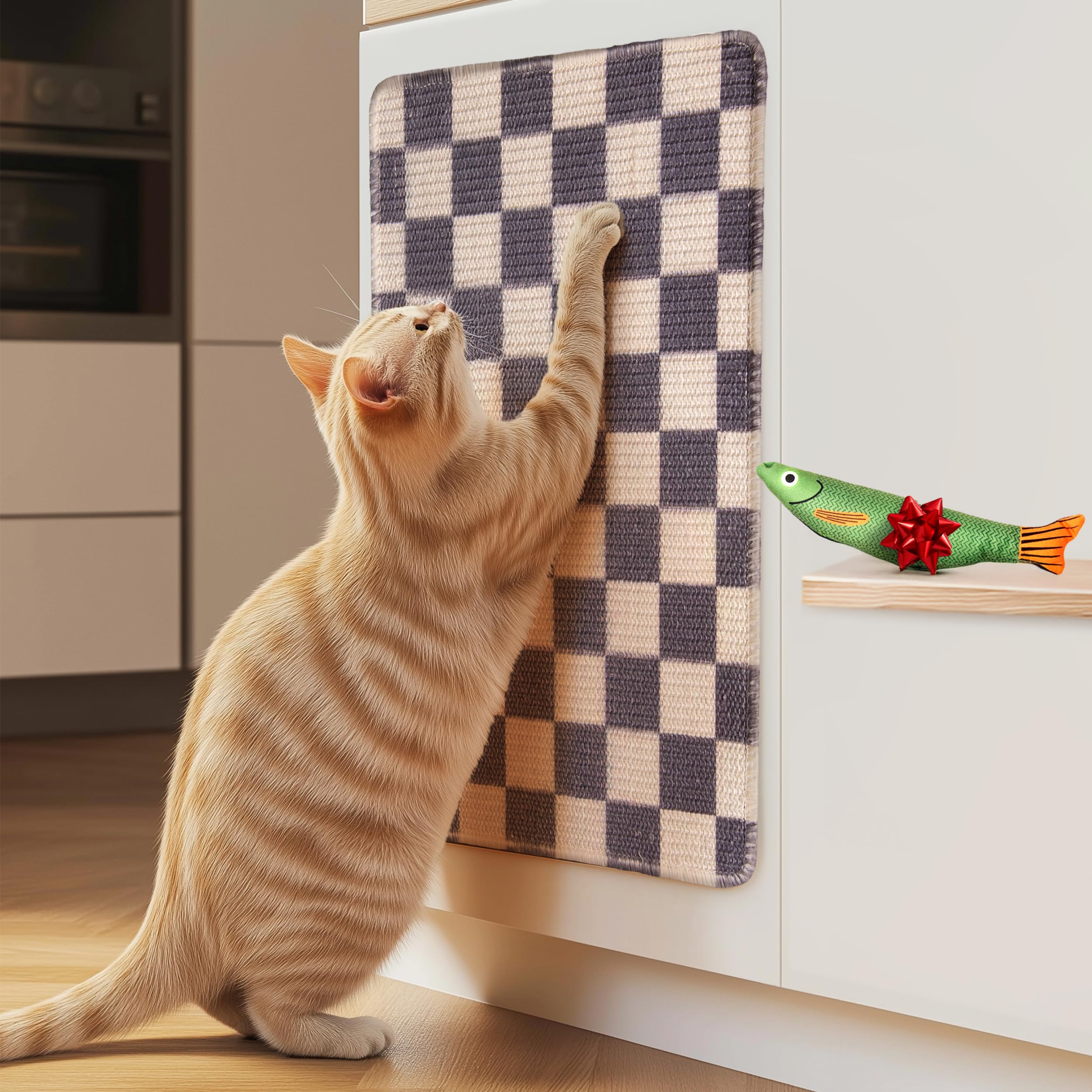 Sisal Cat Scratcher, [+ Catnip Fish Toy], Cat Wall Scratcher, Couch Protector From Cat Scratching, 24 X 15.8 With 12 Adhesive Ve