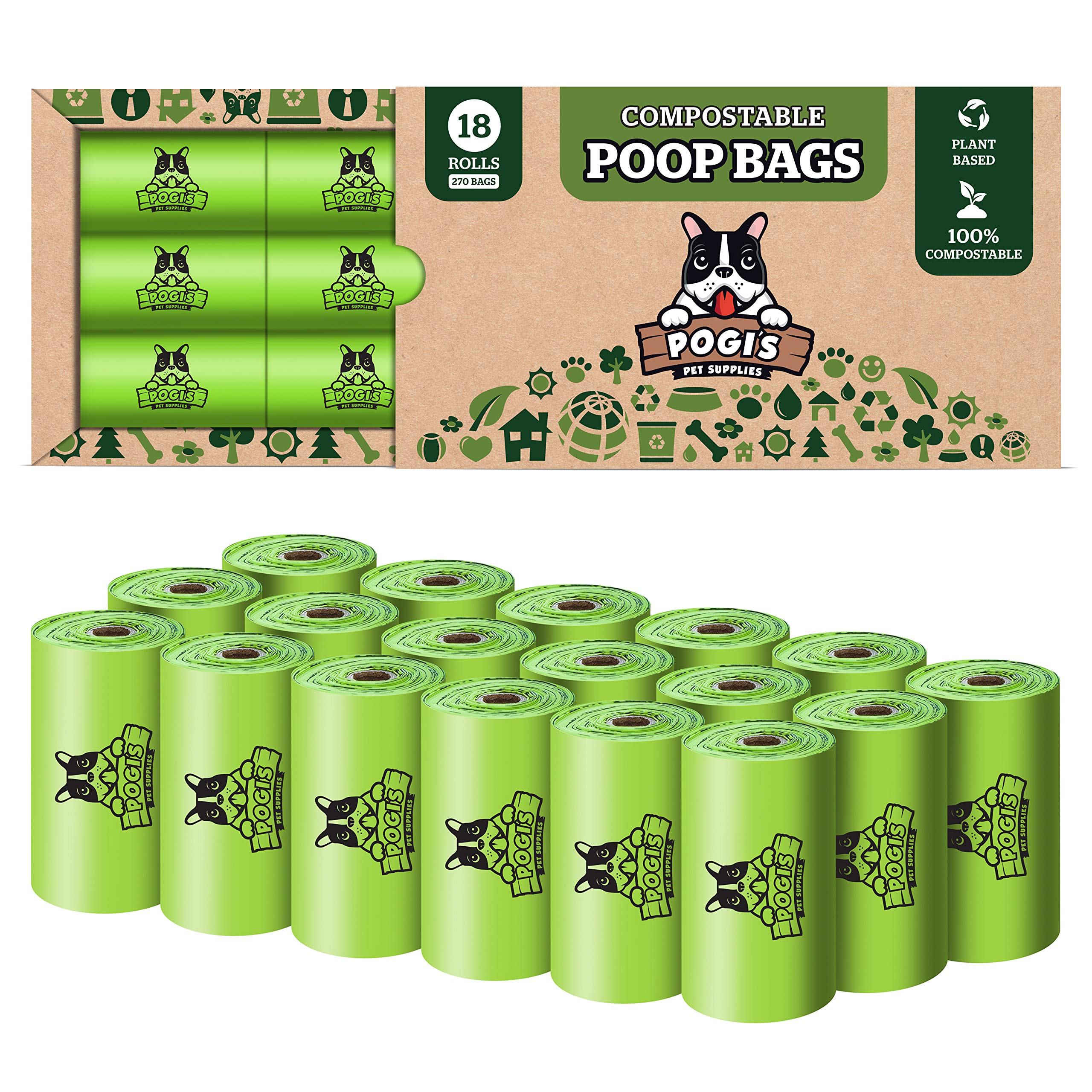 Pogi'S Compostable Dog Poop Bags - 18 Rolls (270 Doggie Poop Bags) - Leak-Proof Dog Waste Bags, Plant-Based Astm D6400, En 13432