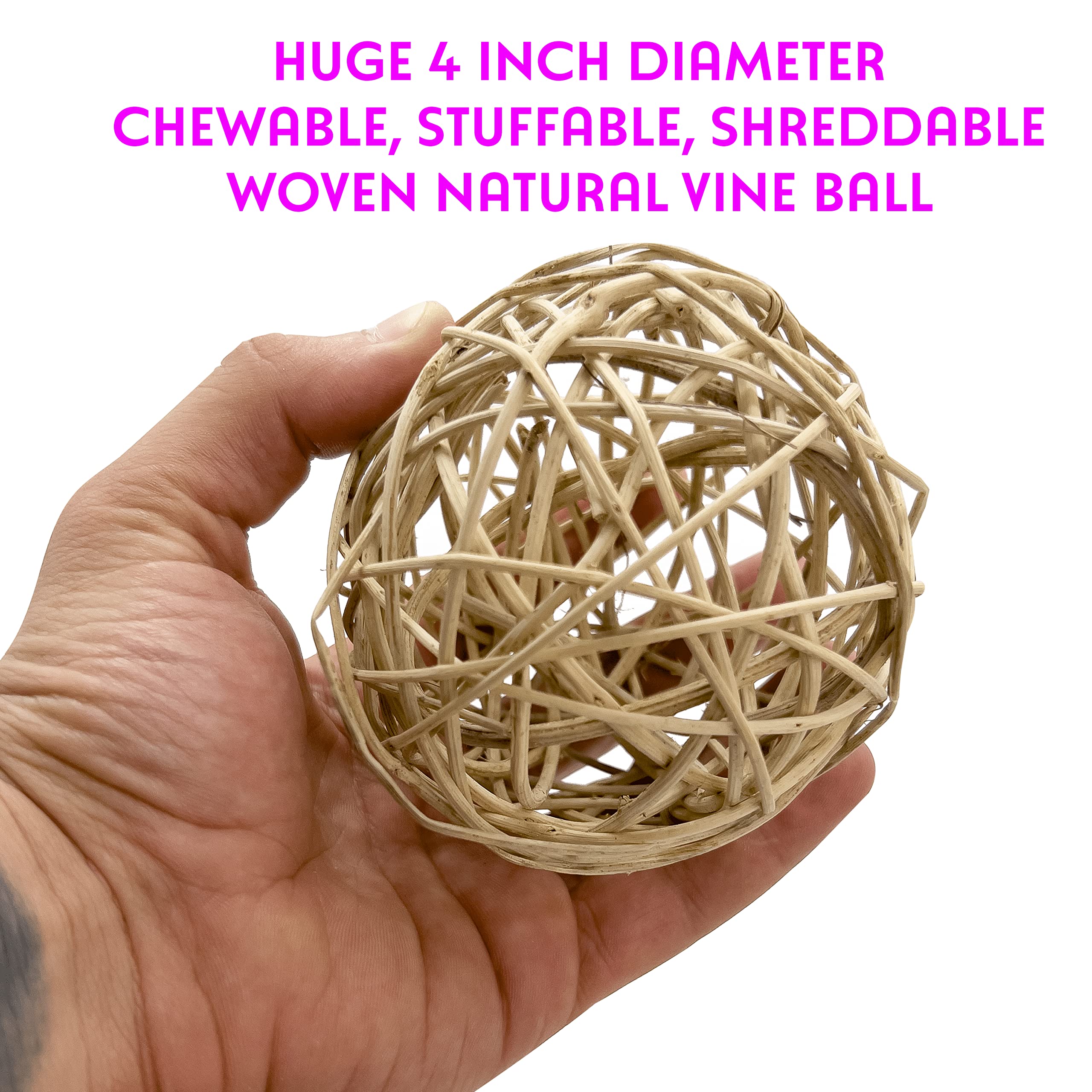 Mandarin Bird Toys By M&M 5070 Mega 4 Inch Natural Vine Ball - Handwoven Natural Rattan Ball, Lightweight, Chewable, Stuffable,