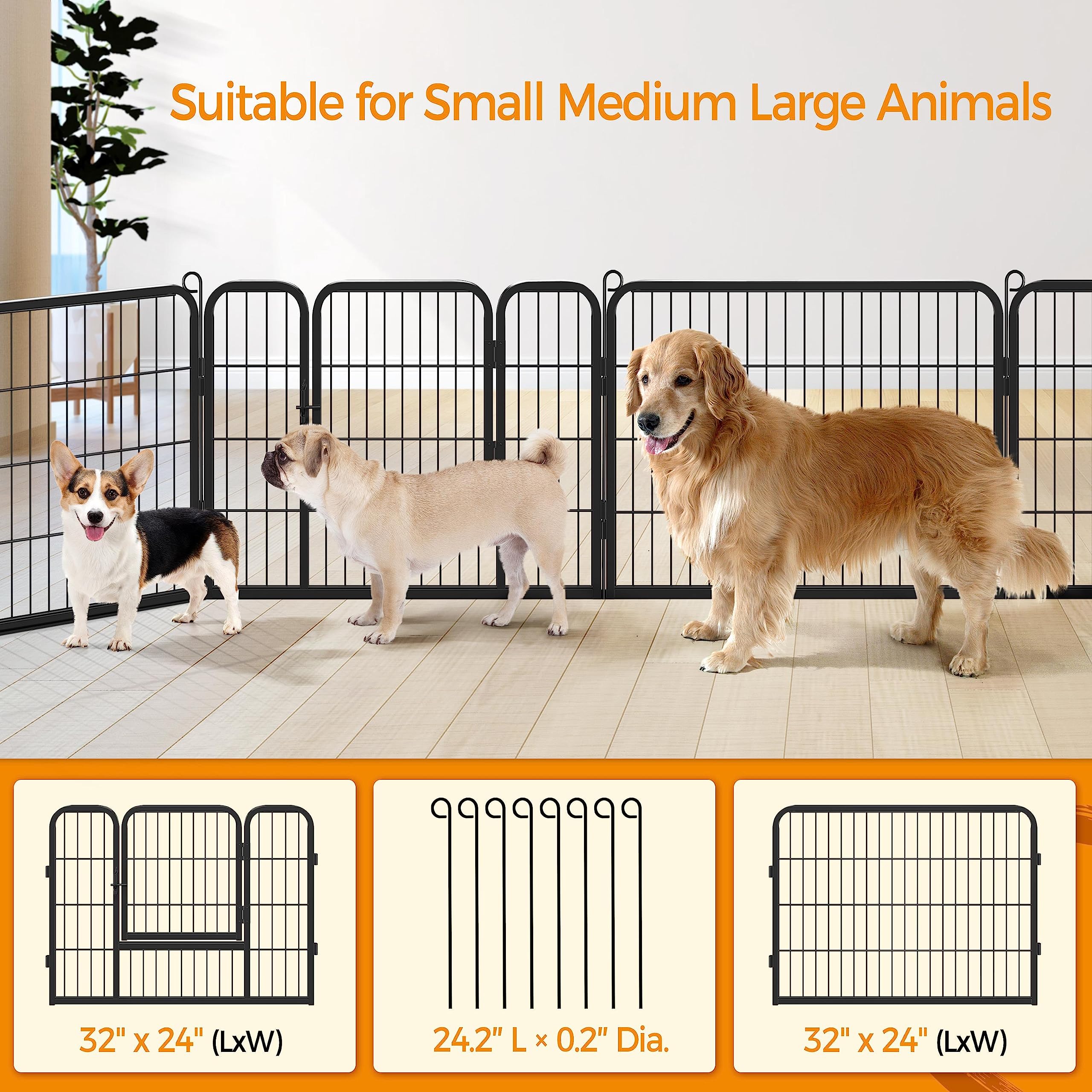 Yaheetech Heavy Duty Extra Wide Dog Playpen, 8 Panels Outdoor Pet Fence For Large/Medium/Small Animals Foldable Puppy Exercise Pen For Garden/Yard/Rv/Camping 24 Inch Height X 32 Inch Width
