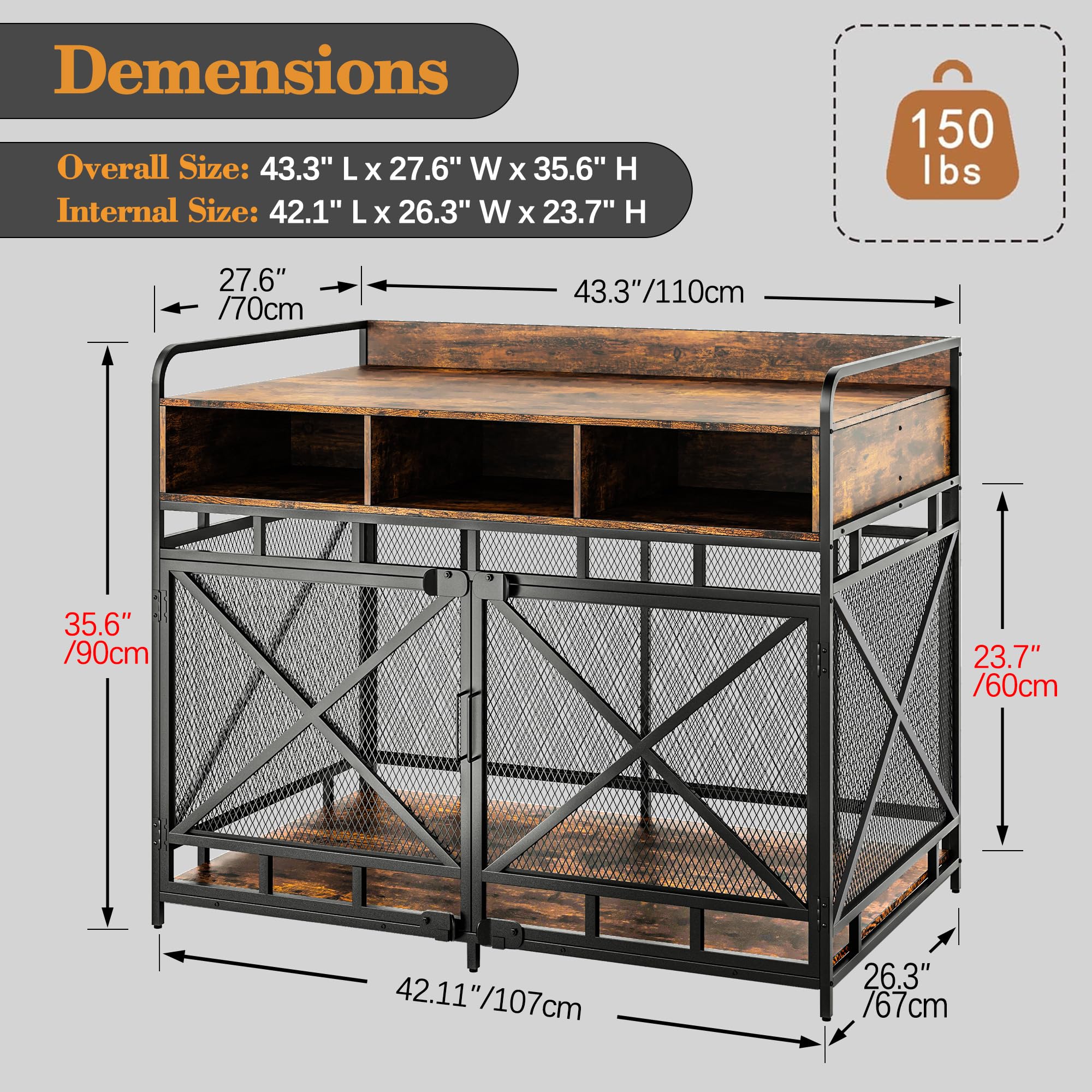 Fulhope Dog Crate Furniture,Wooden Dog Crate End Table,43 Inch Dog Kennel with Drawers,Heavy Duty Dog Cage,Decorative Pet Crate