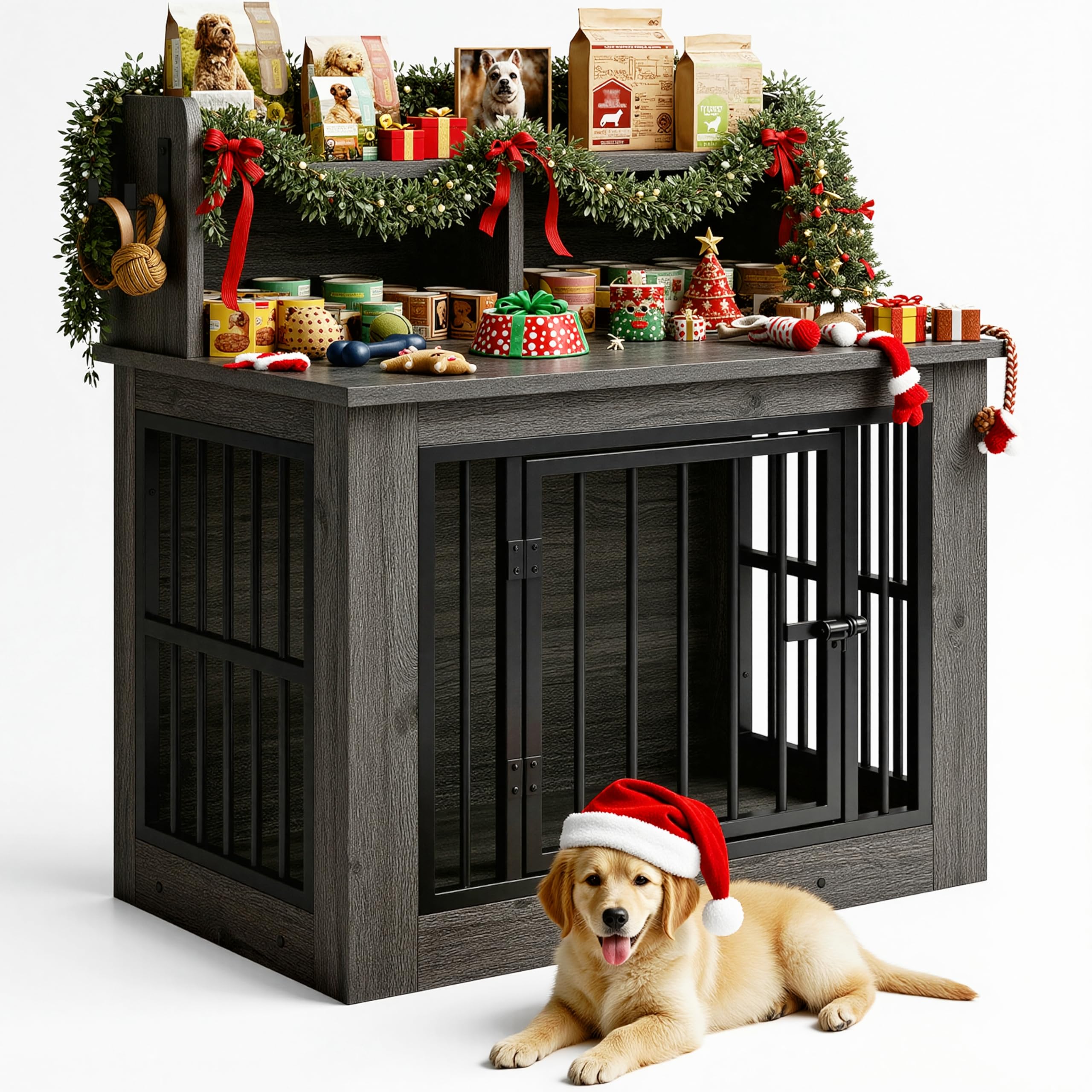 IRONCK Dog Crate Furniture, 33.4 inches Wooden Small Dog Crate with Storage and 4 Hooks, Heavy Duty Pet Crate for Small Dog, Dec