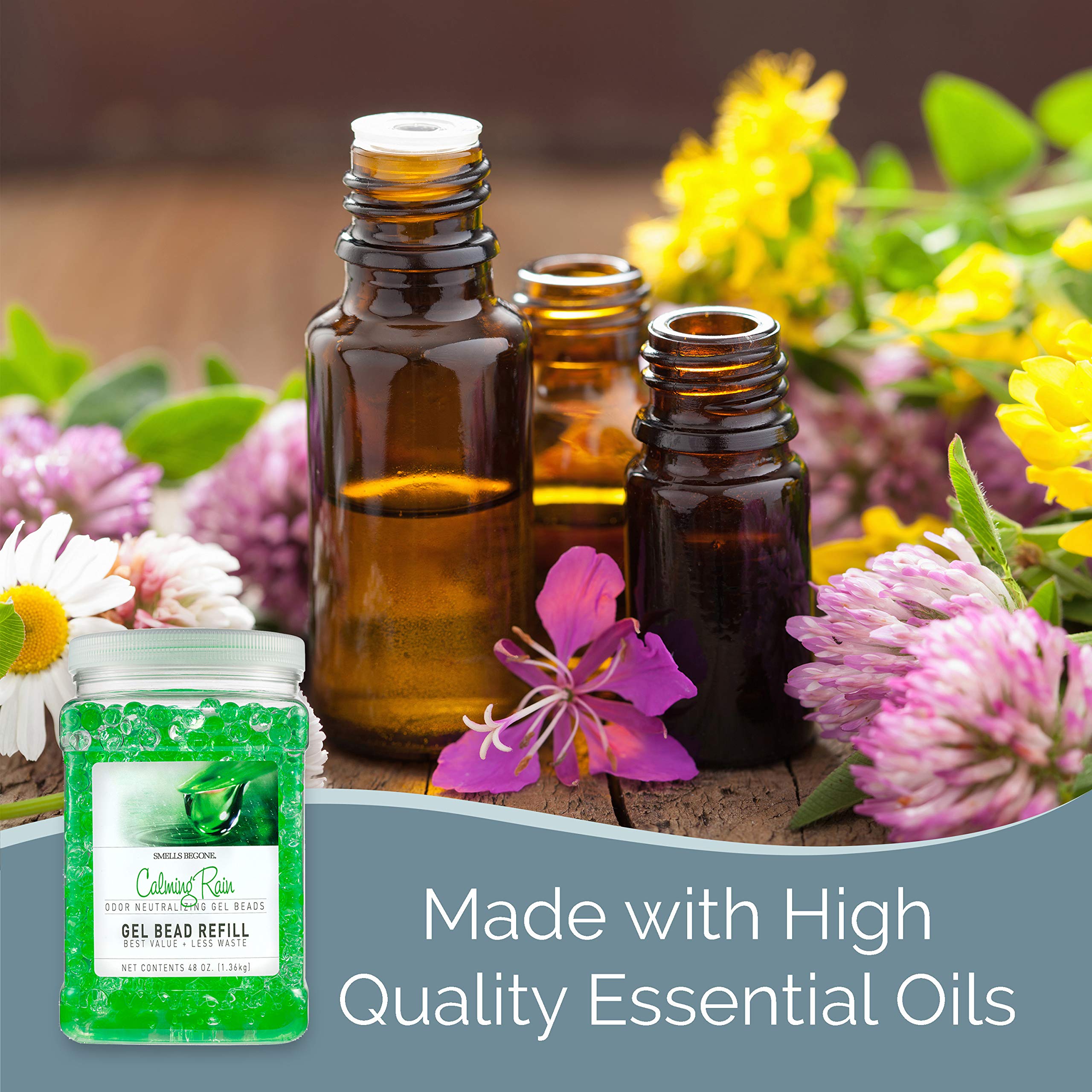 Smells Begone 48 Oz Odor Eliminator Gel Bead Refill - Odor Eliminator For Bathrooms, Cars, Boats, Rvs & Pet Areas - Made With Essential Oils - Calming Rain Scent