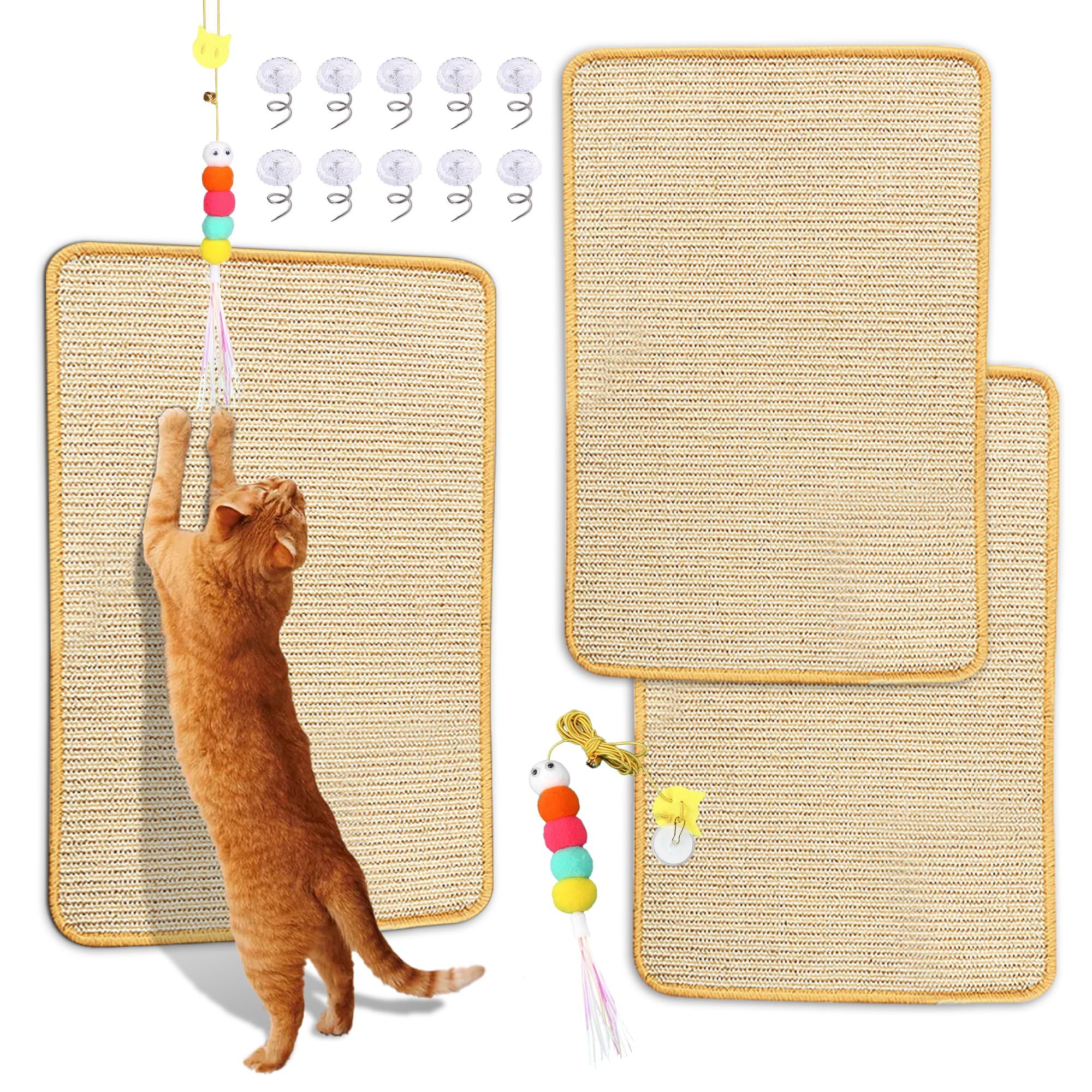 Sisal Scratching Mat, 2 Packs Natural Fabric 23.6'' X 15.8'' Cat Pad With Cute Playing Toy And Spiral Nails, Wall Scratchers For