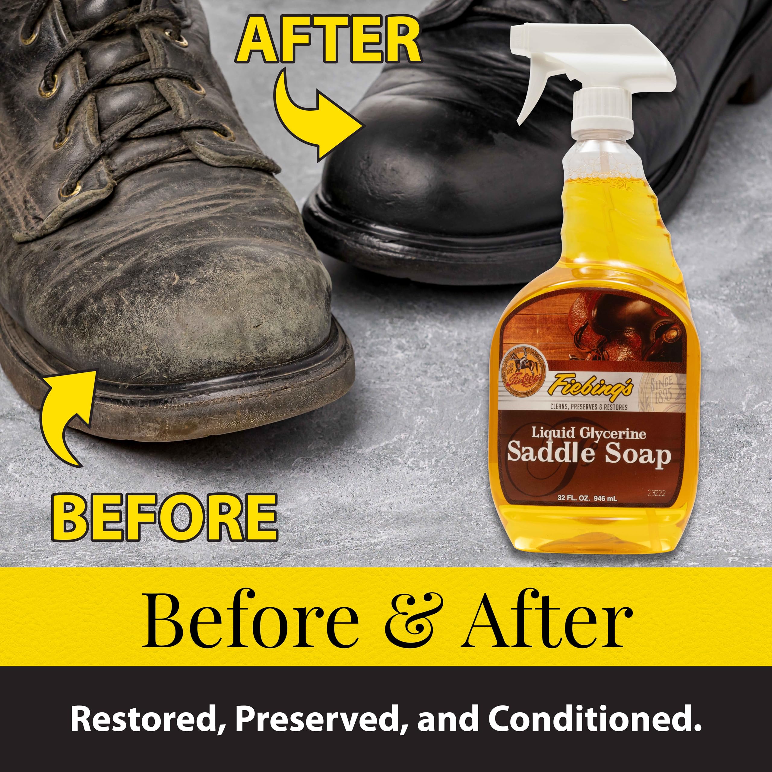 Tough 1 Fiebing's Liquid Glycerine Saddle Soap - 32 oz Leather Cleaner & Conditioner for Car Seats, Shoes, Bags & More