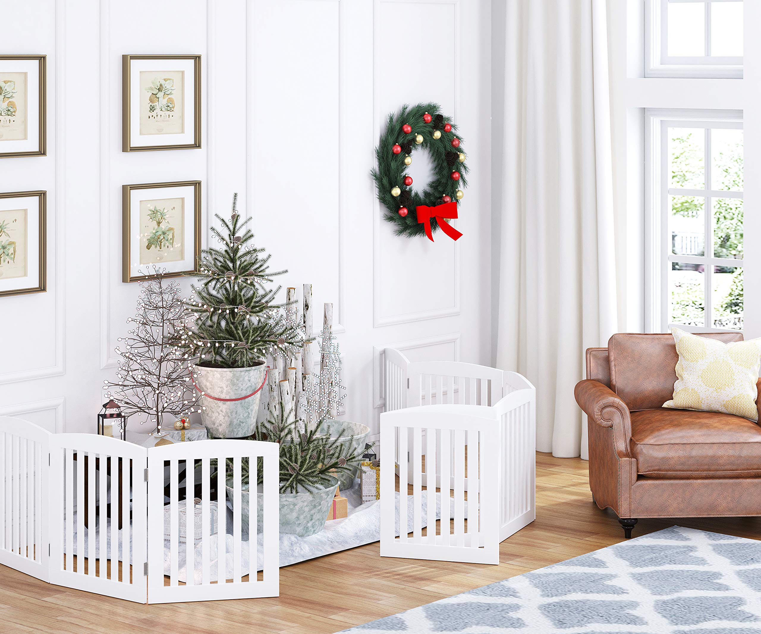 PAWLAND Wooden Foldable Pet Gate for Dogs - 24 Height, 3 Panels, Freestanding Step Over Fence, Extra Wide, White