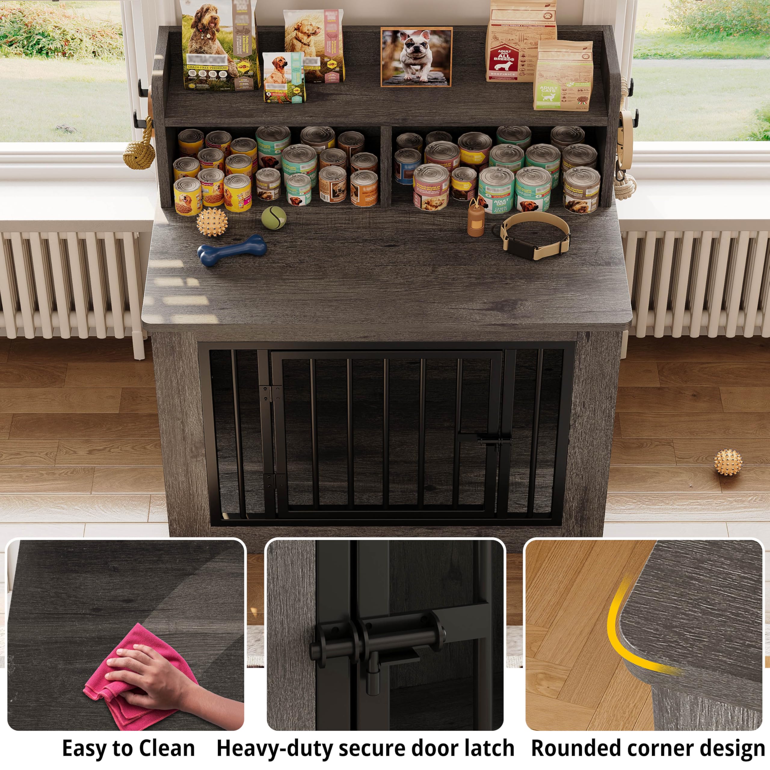 IRONCK Dog Crate Furniture, 33.4 inches Wooden Small Dog Crate with Storage and 4 Hooks, Heavy Duty Pet Crate for Small Dog, Dec