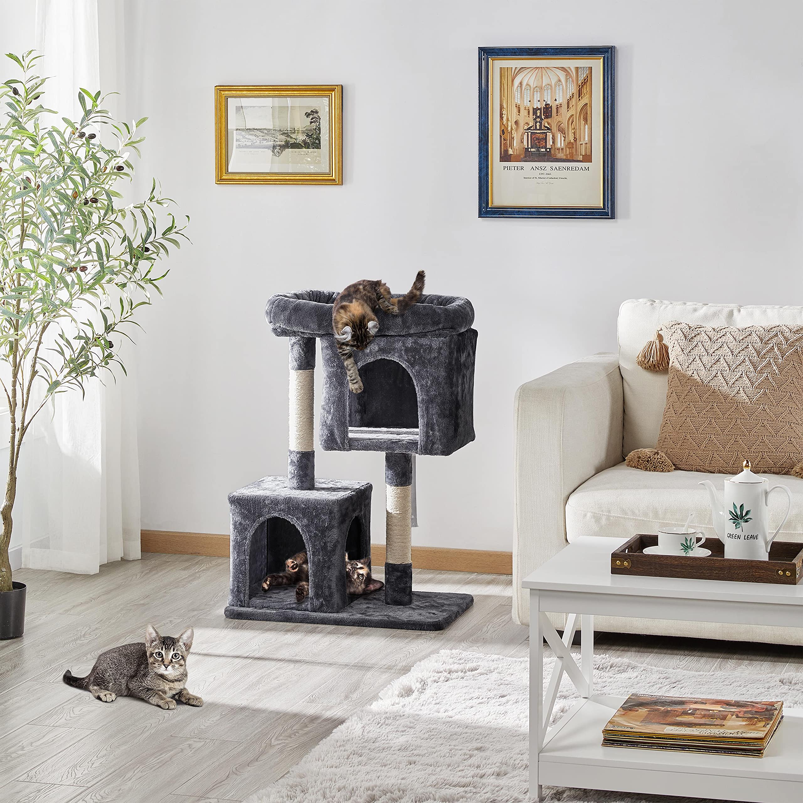 Yaheetech 33.5In Cat Tree Tower For Indoor Cats W/2 Cozy Plush Condos, Oversized Perch & Sisal Scratching Posts, Stable Cat Stand House For Large Cats & Pets