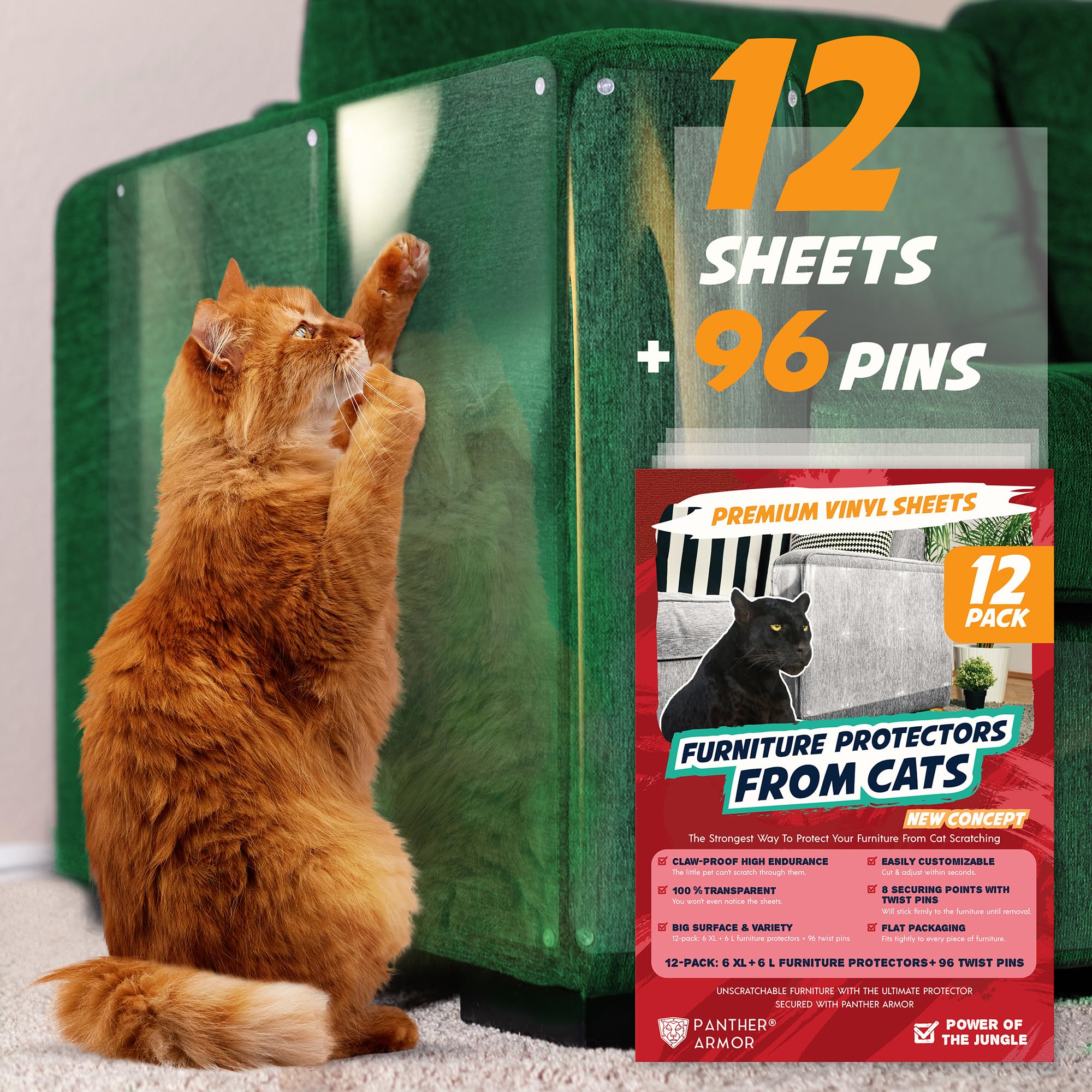 Panther Armor 12-Pack Furniture Protectors From Cats Scratch - Anti Cat Couch Guards - Sofa Corner Scratching Training Tape Deterrent
