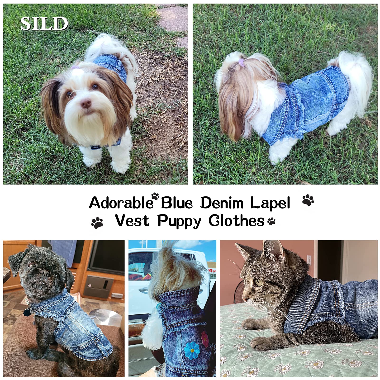 Sild Pet Clothes Dog Jeans Jacket Cool Blue Denim Coat Small Medium Dogs Lapel Vests Classic Hoodies Puppy Blue Vintage Washed Clothes (L, Blue D)