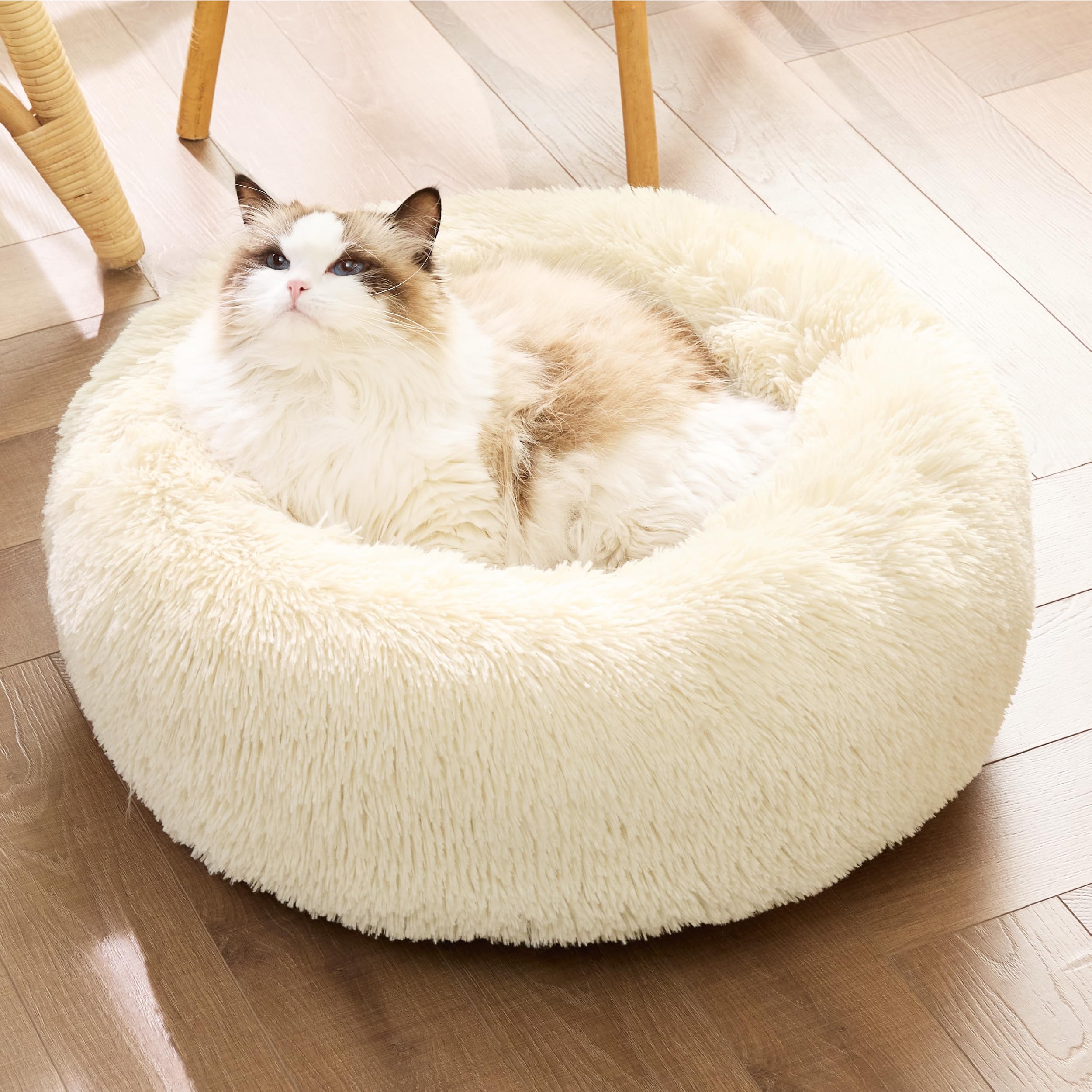 Bedsure Calming Cat Bed For Indoor Cats - Small Washable Round Cat Bed, Anti-Slip Fluffy Plush Faux Fur Pet Bed, Fits Up To 15 L