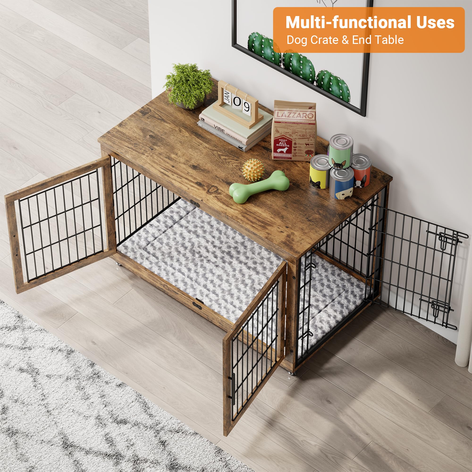 Lulive XL Wooden Dog Crate Furniture, 44'' Heavy Duty Kennel, Brown, Chew-Resistant with Cushion & Wheels
