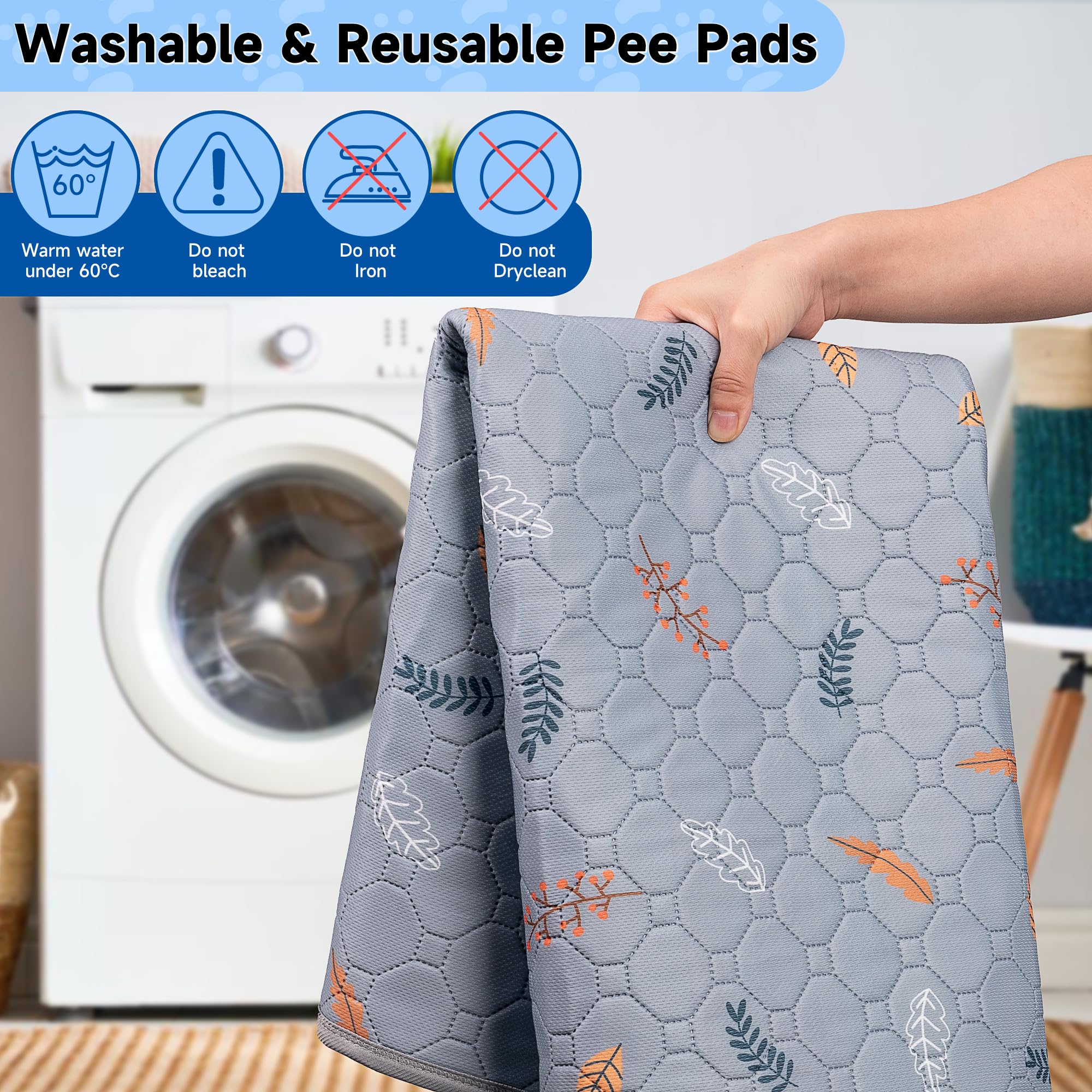 Sunheir Washable Pee Pads For Dogs Large 48' X 48' 2-Pack Reusable Puppy Pads Pet Training Pads, Absorb Dog Mats, Whelping Pad, Non-Slip Protects Against Urine Leakage (Leaves - Light Grey, 48X48)