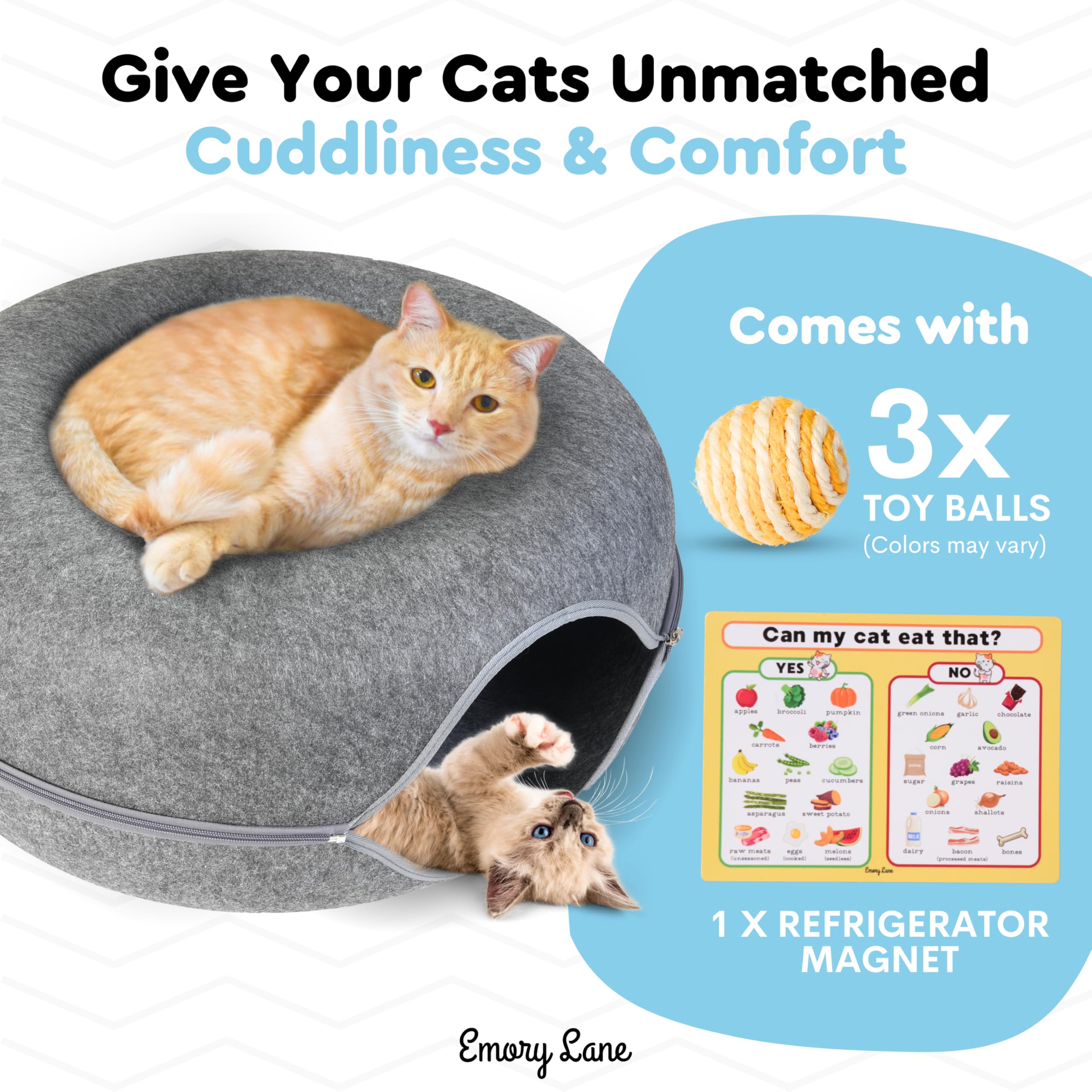 Emory Lane - Premium Cat Cave, Multifunctional Donut Tunnel Bed, Round Felt Cave With Zipper, For Pets Up To 40 Lbs (24X24X11 In