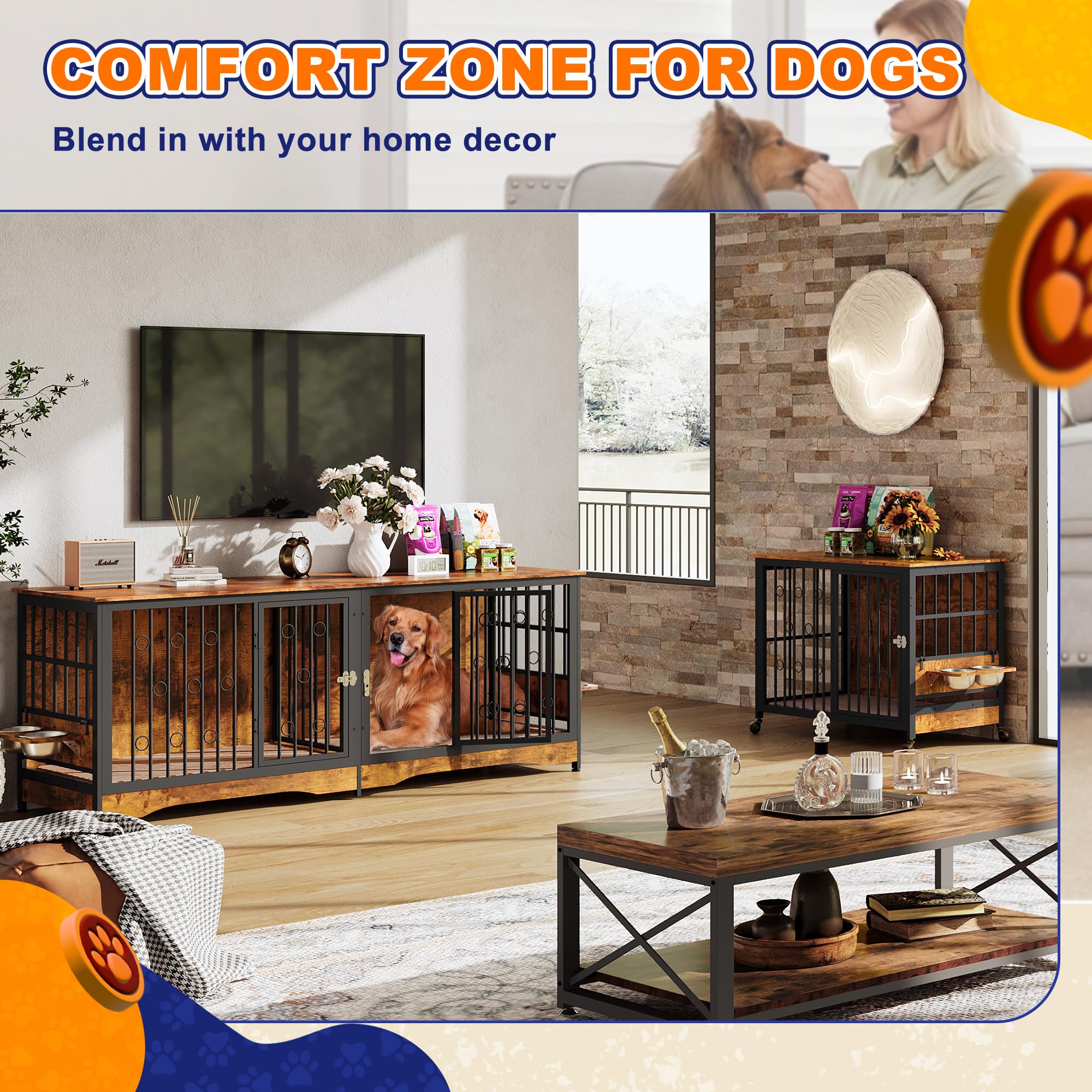 75' Dog Crate Furniture Large Storage Tv Stand With Dual Cushion / 4 Bowls/Double Rooms, Wooden Dog Kennel Dog Crate End Table