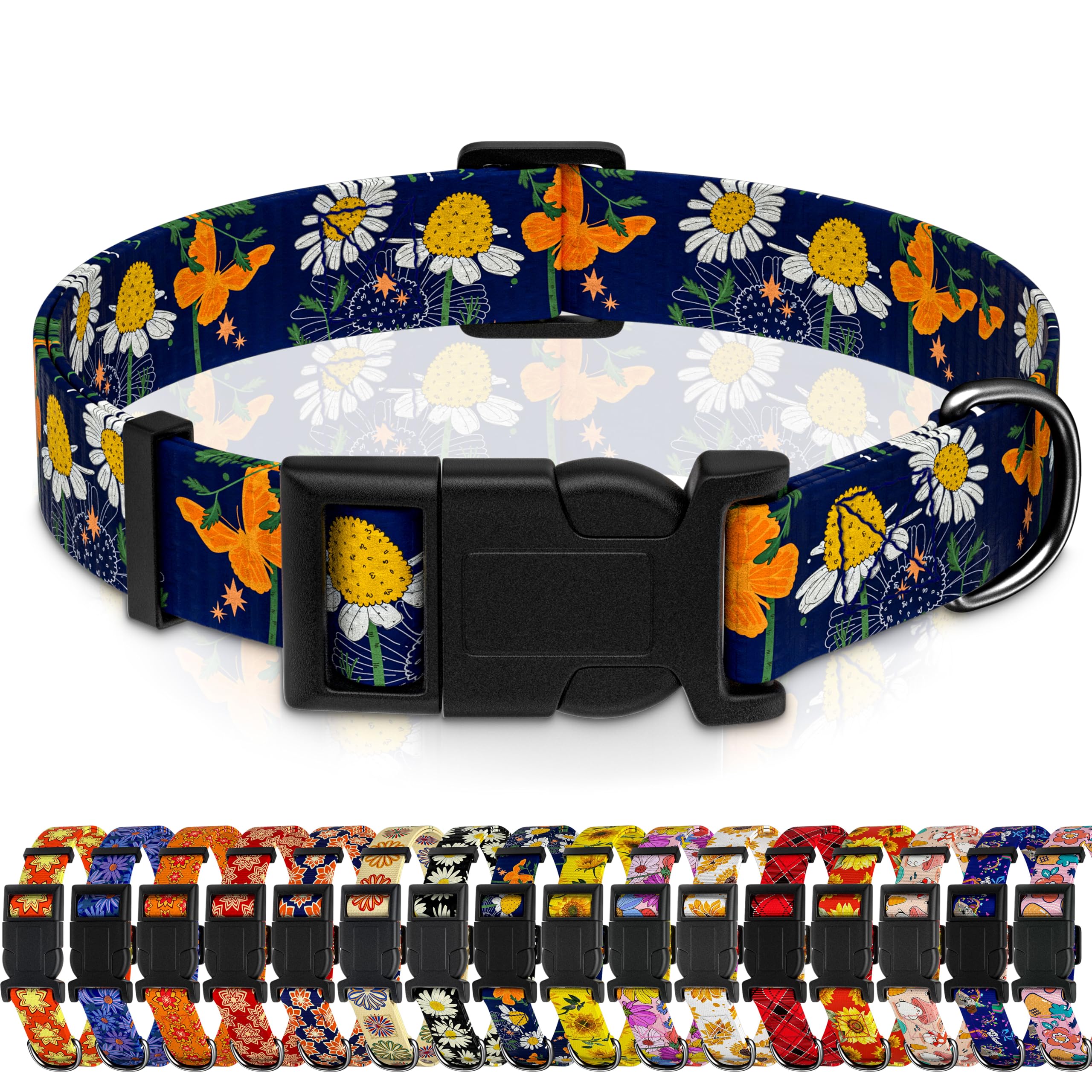 Seyezo Dog Collar With Butterflies Print, Daisy Boys Girls Puppy Collar For Small Medium Large Dogs, Adjustable Soft Floral Pet 