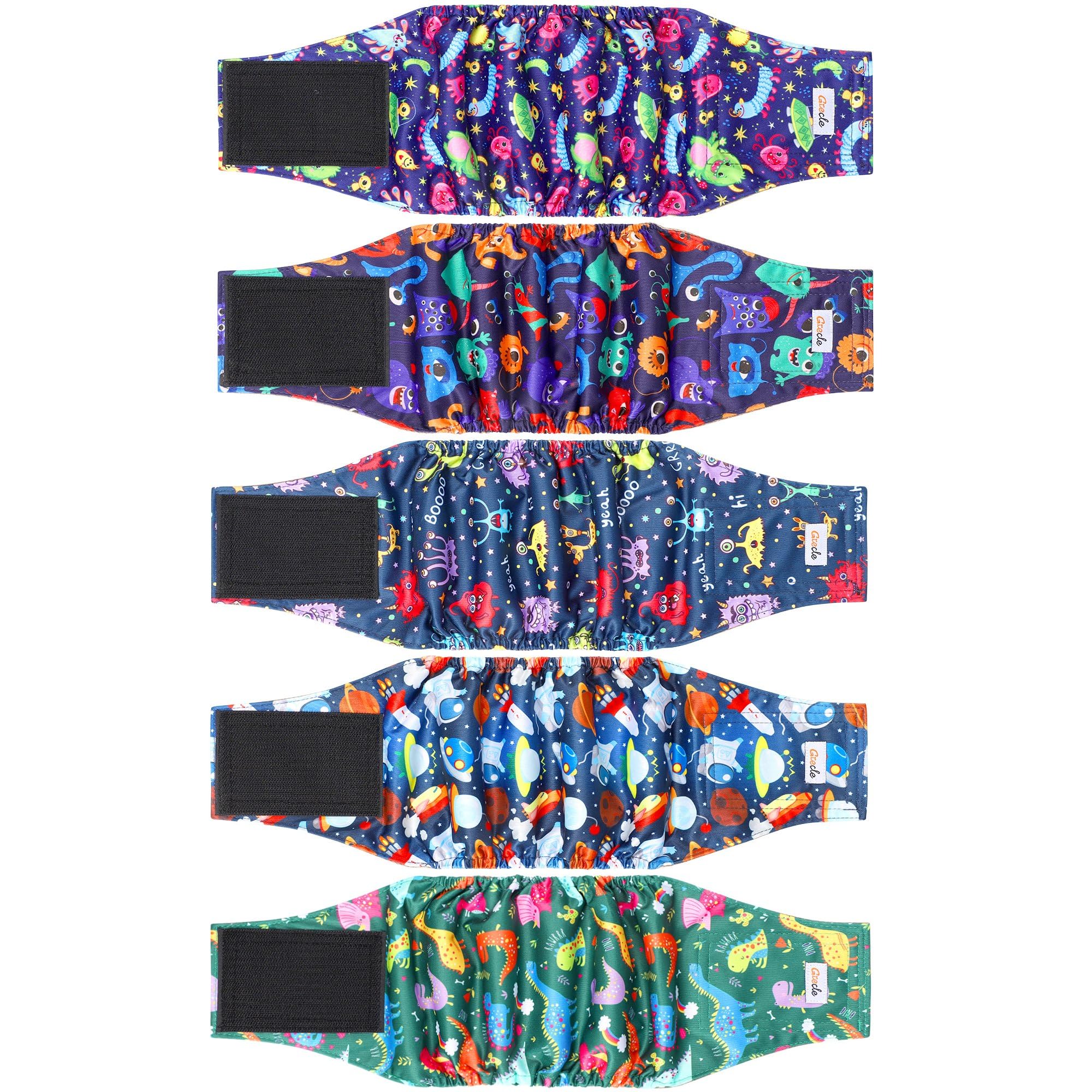 Grecle 5 Pack Male Dog Diapers, Reusable Belly Bands For Male Dogs, High Absorbing, Small Size, Monster Color