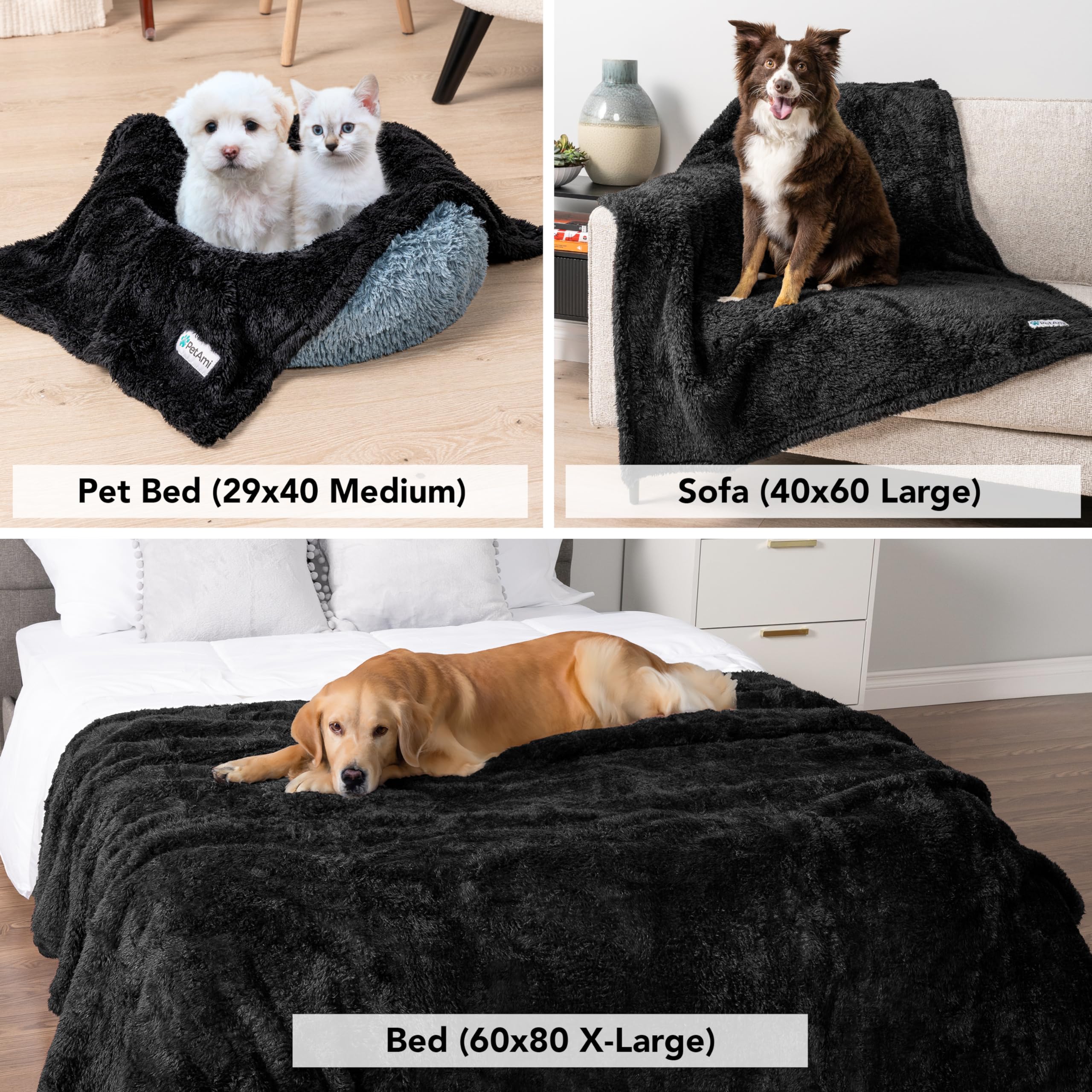 PetAmi Dog Blanket for Small Medium Dogs Black, Fluffy Soft Puppy Blanket, Sherpa Fleece Cat Blanket for Kitten Doggie, Calming