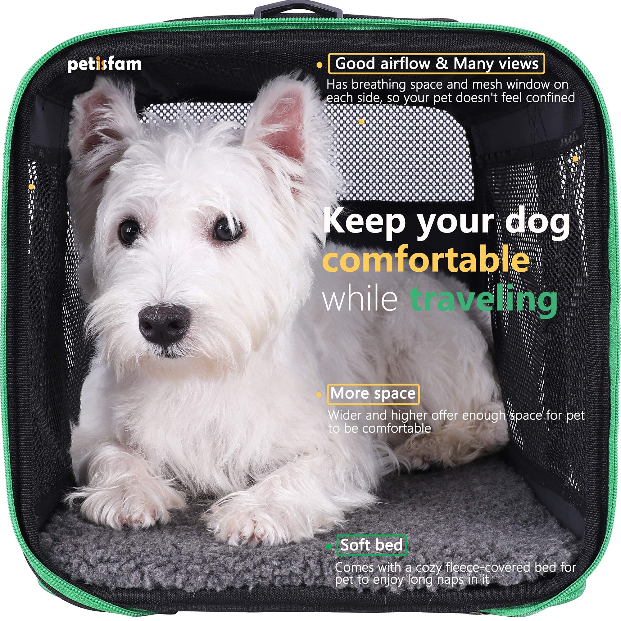 Petisfam Soft Pet Carrier Bag For Easy Travel With Medium, Large Cats, 2 Kitties And Small Dogs. Easy To Get Cat In. Easy Vet Visit. Easy Storage. Black W/Green Trim, L