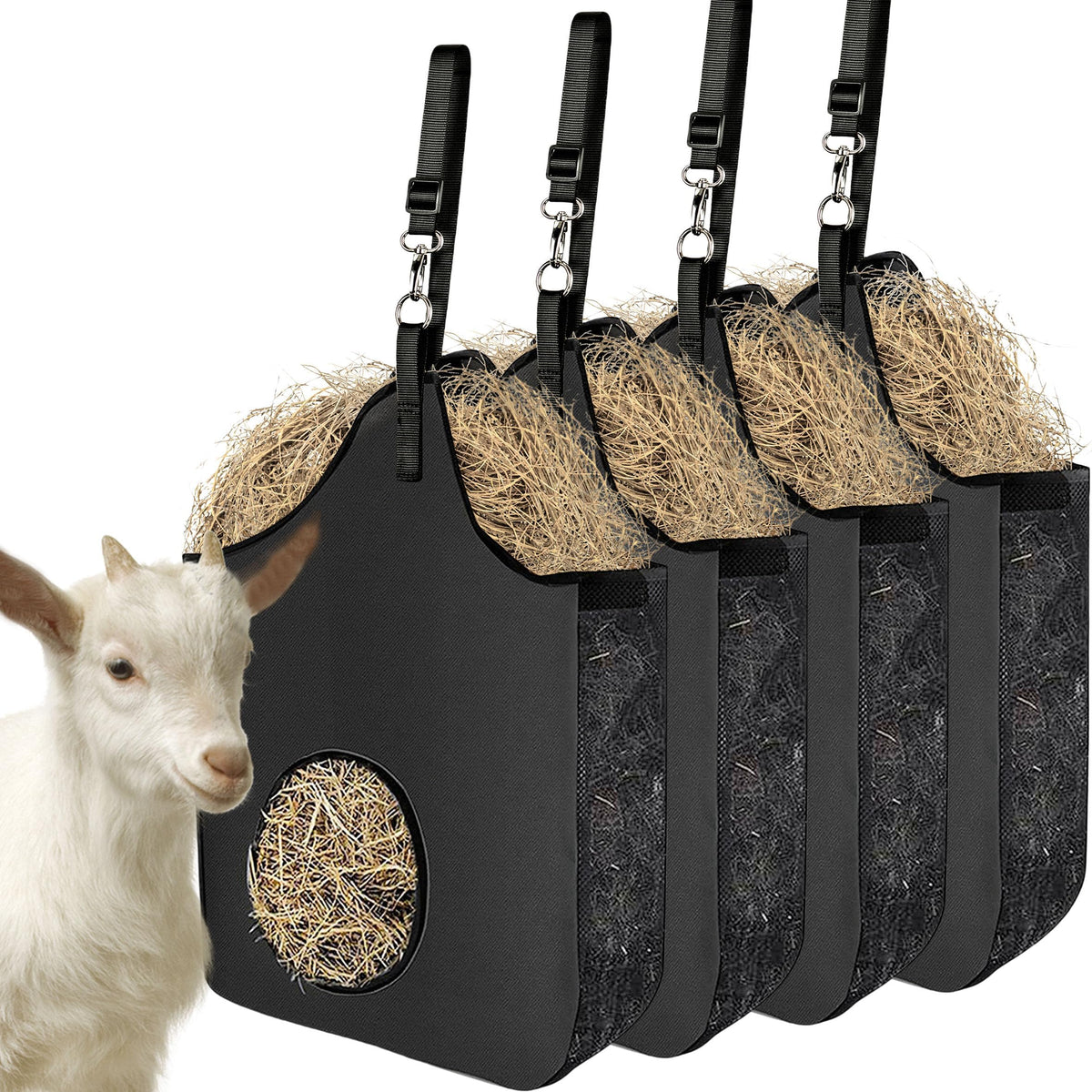 Inknote 4 Pcs Hay Bag Hanging Goat Feeder Tote Premium Oxford Cloth With Metal Ring And Adjustable Strap For Horses Donkeys Cows