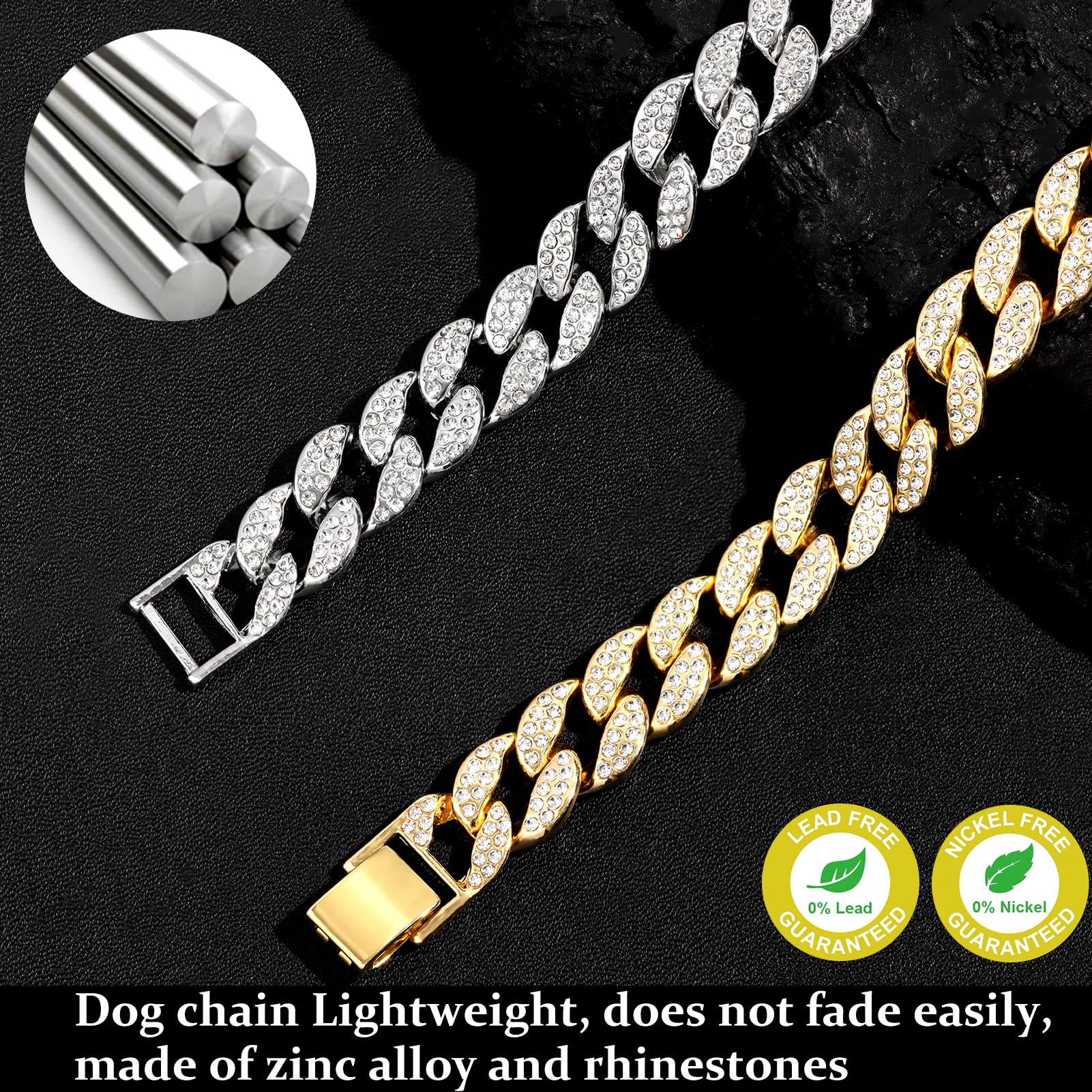 Flatfoosie Gold Dog Chain Collar Diamond Cuban Link Durable Dog Chain Collar For Outside Walking Secure Buckle Dog Gold Chain For Small Medium Large Dogs Cats (22Inch, Gold)
