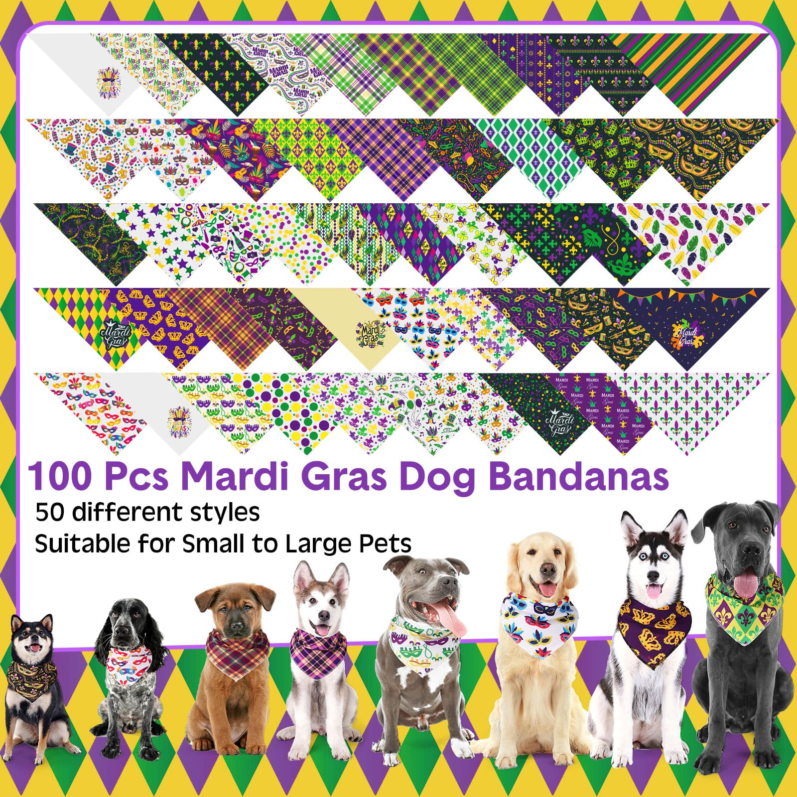 Paterr 100 Pieces Dog Bandanas Bulk Mardi Gras Pet Handkerchief Carnival Soft Dog Triangle Bibs Cute Kerchief Adjustable Washabl