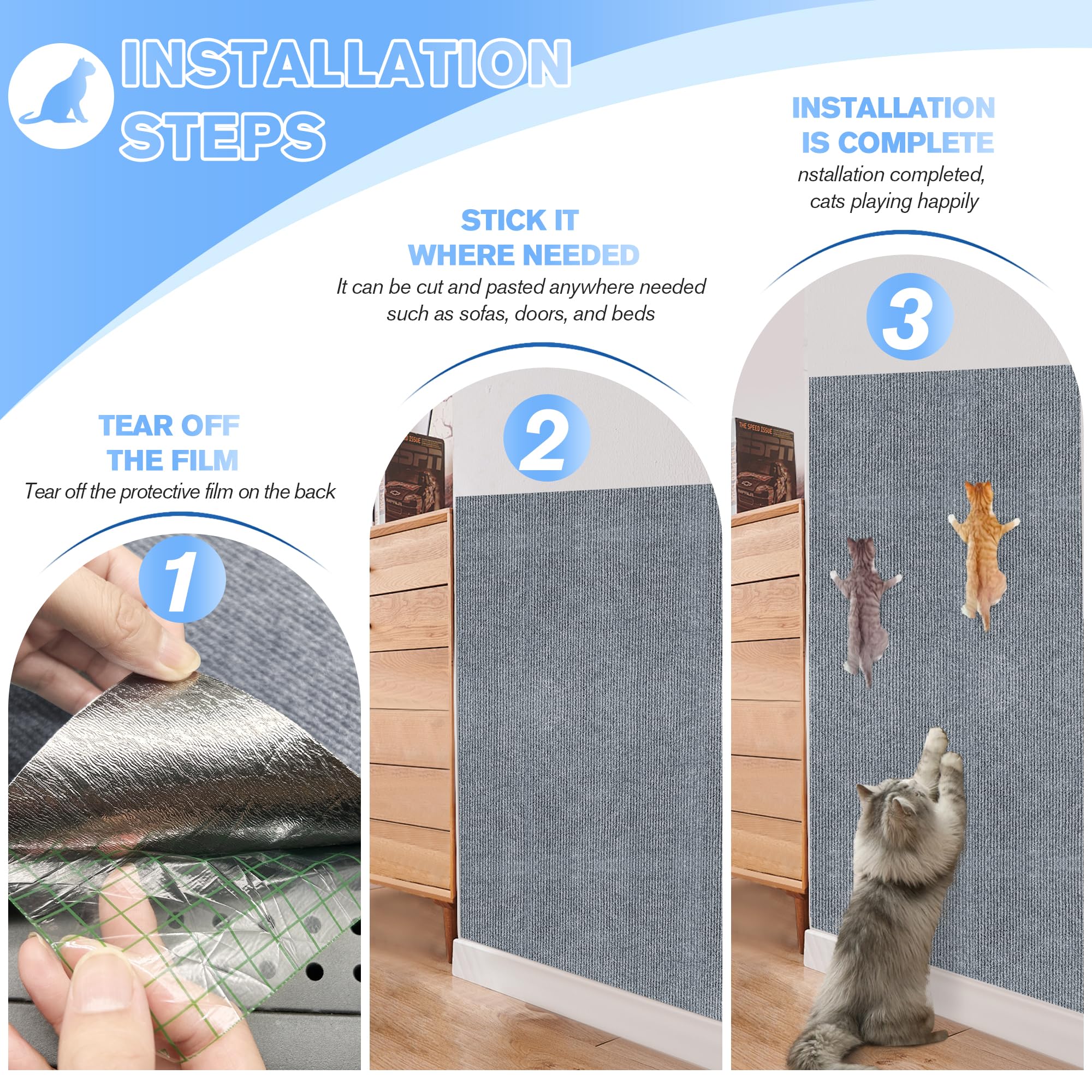 Cat Scratch Padss For Indoor Cats 2Pack,39.3X15.7 Cat Scratch Mat Self-Adhesive Carpet Mat Trimmable,Cat Wall Shelves Cat Sc