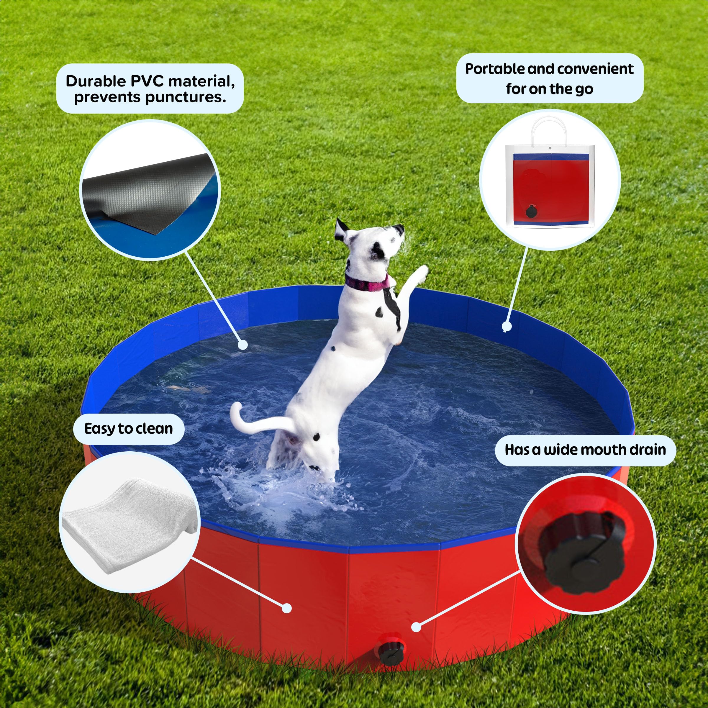 Foldable Dog Pool - 30.5X12In Pet Pool - Durable Pvc Outdoor Pool With Drain For Grooming, Bathing, Or Play - Kiddie Pool For Dogs By Petmaker (Red)