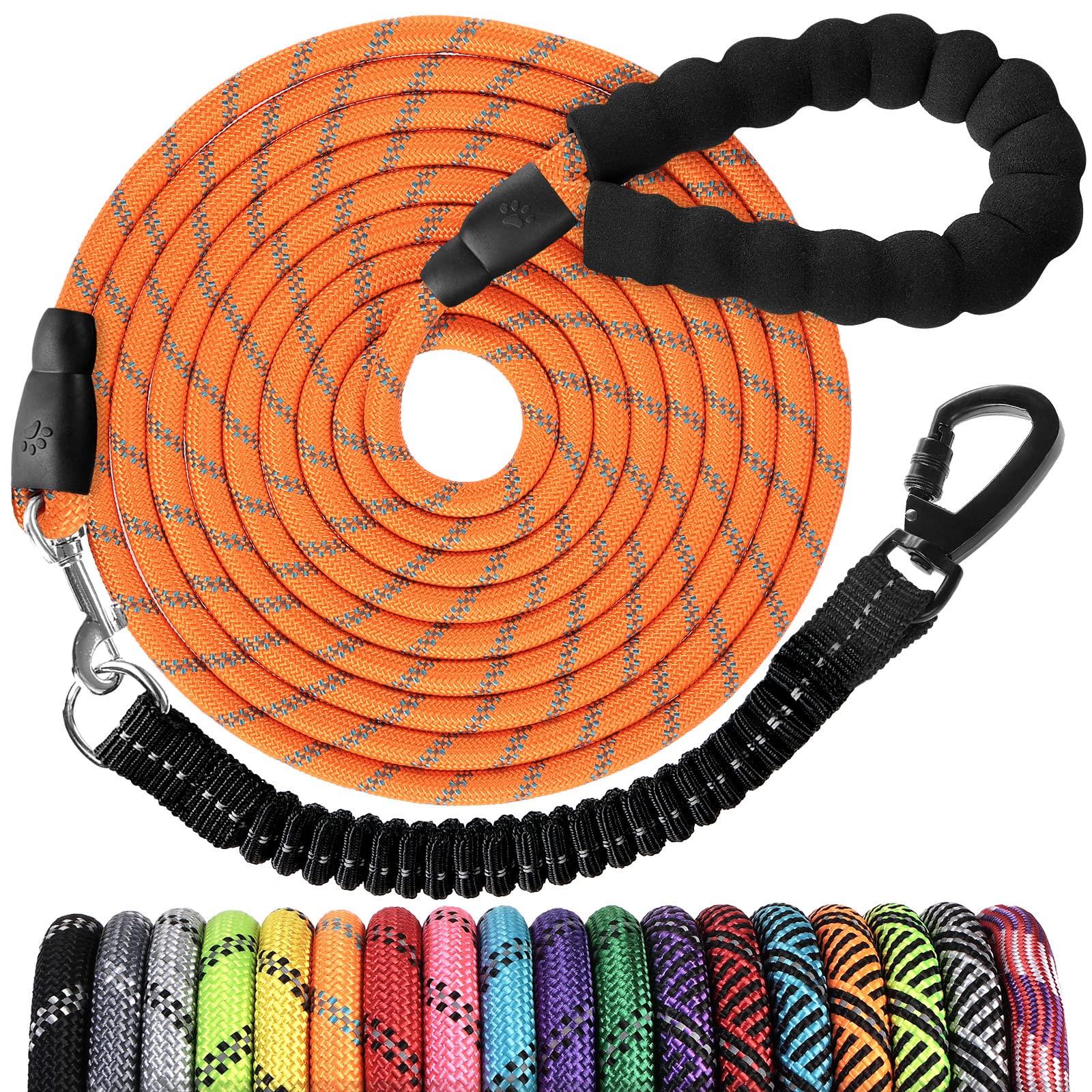 Long Dog Leash 50 Ft: Heavy Duty Rope Leashes For Dogs Training With Swivel Lockable Hook Reflective Threads Bungee And Padded H