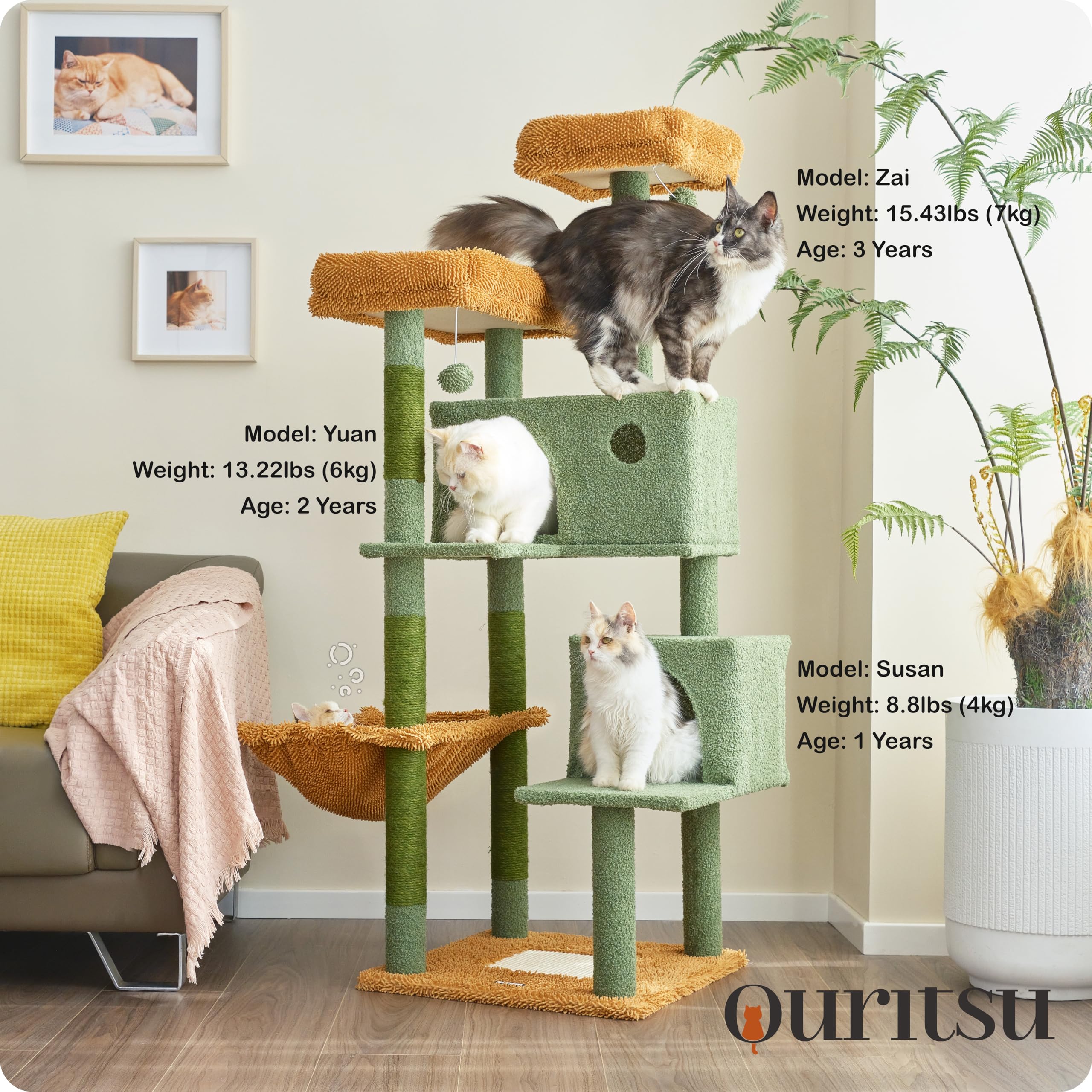 Ouritsu Cat Tree, 57 Inch Cat Tower For Large Cat Indoor, 2 Top Perches With 1 Widened, 2 Condos With 1 Enlarged, Steel Frame Ha