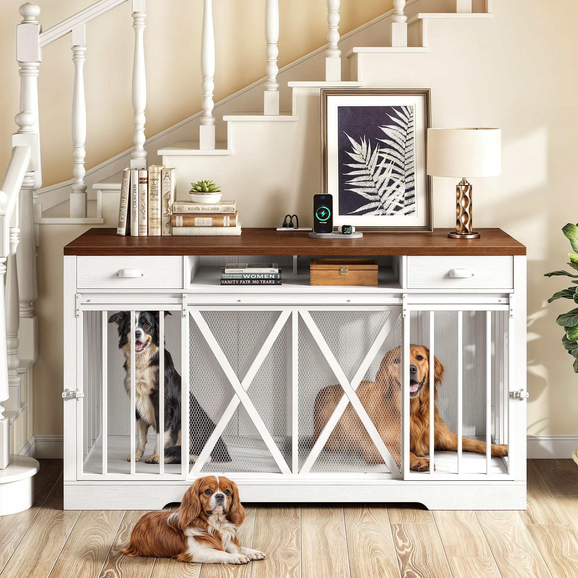 YITAHOME 63 Inch Double Dog Crate TV Stand with Charging Station, Heavy Duty Wooden Dog Crate Furniture for 2 Dogs, Dog Kennel I