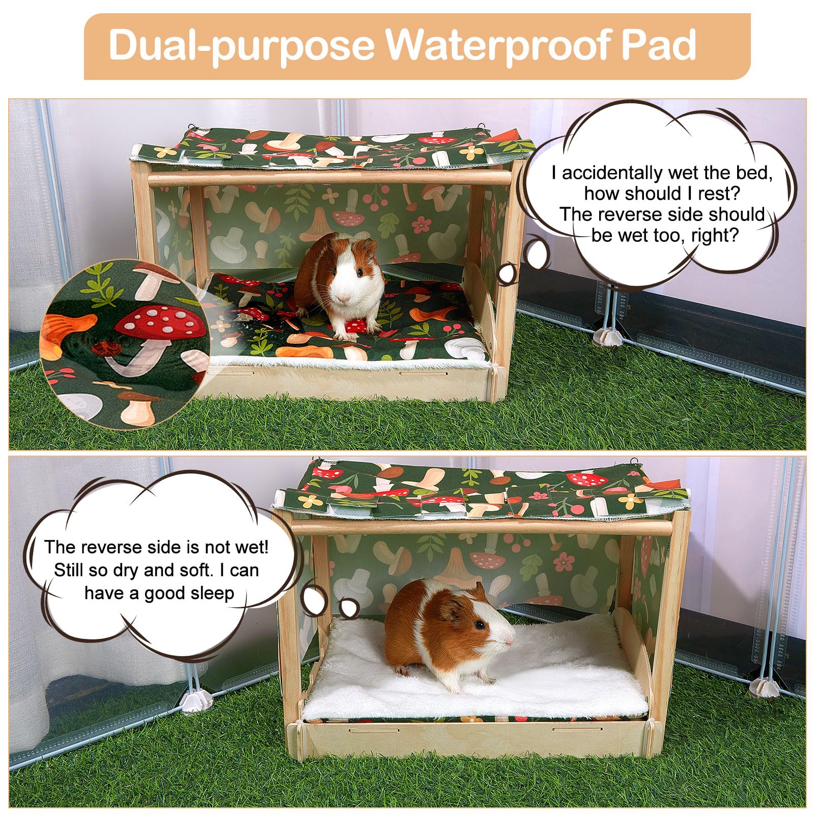 Glittme Guinea Pig Hideout, Wooden Guinea Pig Bed With Waterproof Mat, Durable Rabbit Bed With Door Curtain For Guinea Pig, Rabb