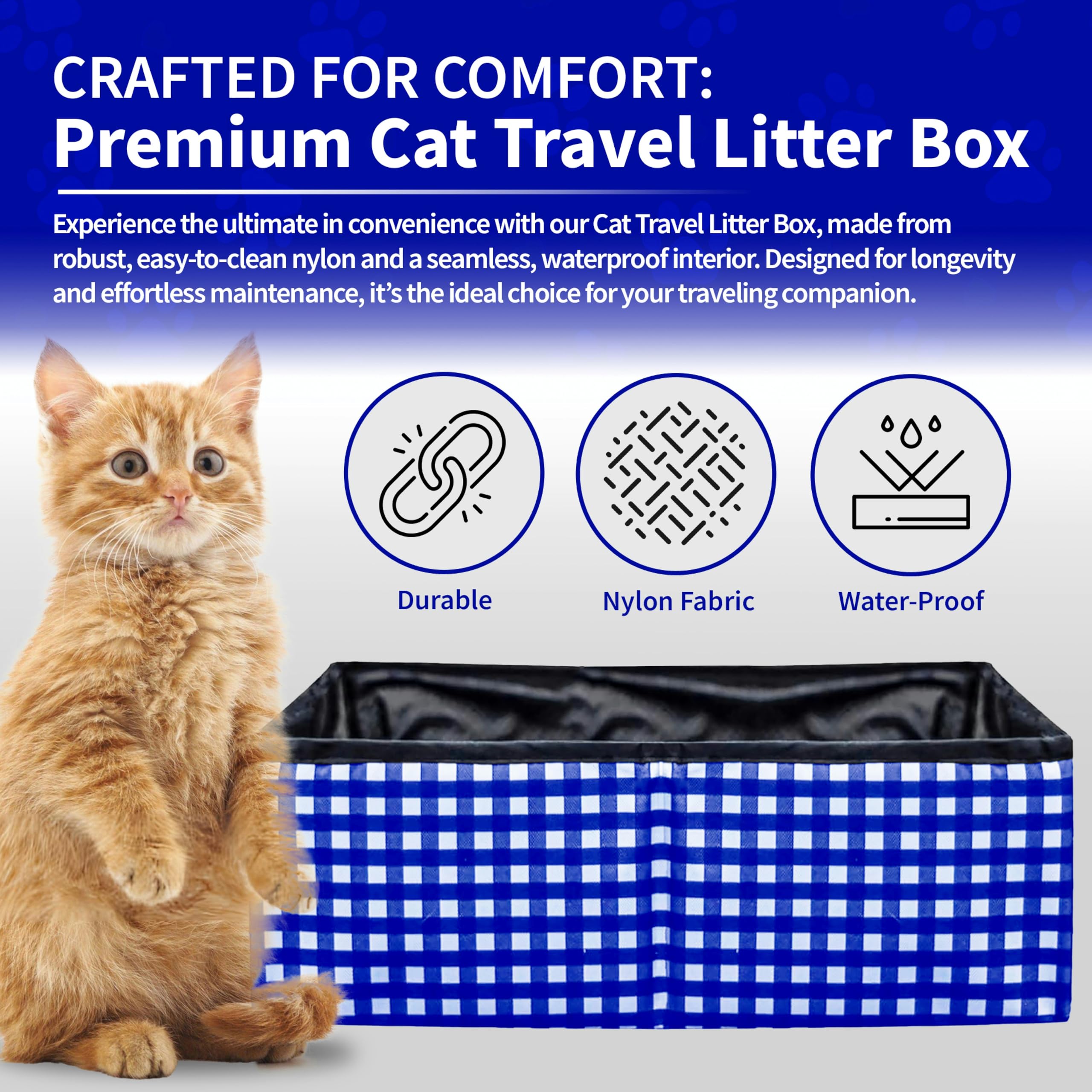 Pet Fit For Life - Vibrant Collapsible Travel Cat Litter Box - Portable, Foldable, Compact Design With Bonus Water Bowl - Ideal For Car & Camping - Reusable, Cats Safe - Blue, (16'X12'X5')