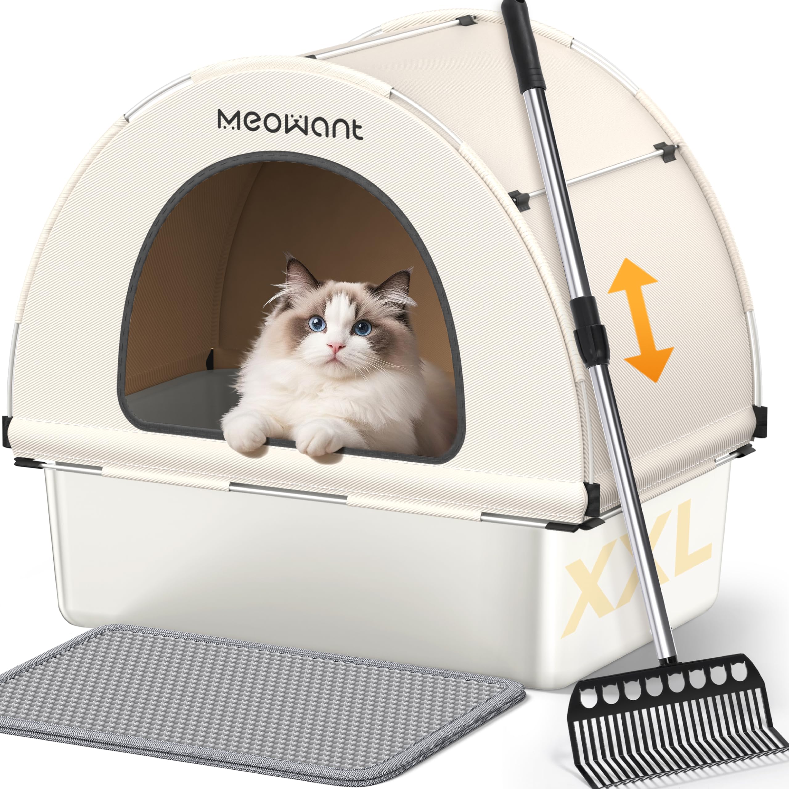 Meowant Stainless Steel Cat Litter Box, 2025 New Upgraded Extra Large Metal Litter Box with High Sided Oxford Fabric Cover & Ext