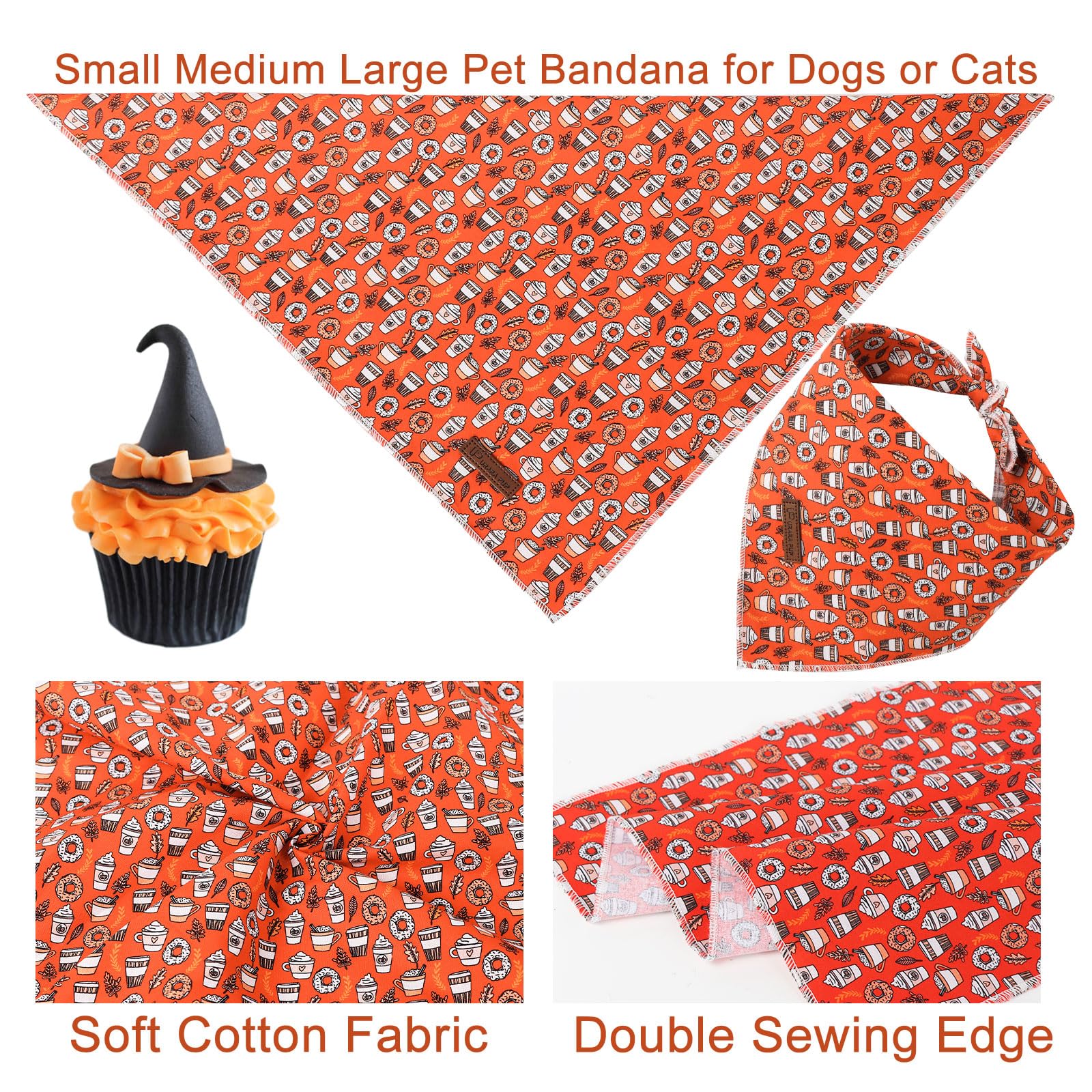 Up Urara Pup Fall Dog Bandana, Autumn Triangle Bid Scarf With Cup,Doughnut Pattern, Cotton Pet Kerchief For Girl Boy Dogs Or Cat